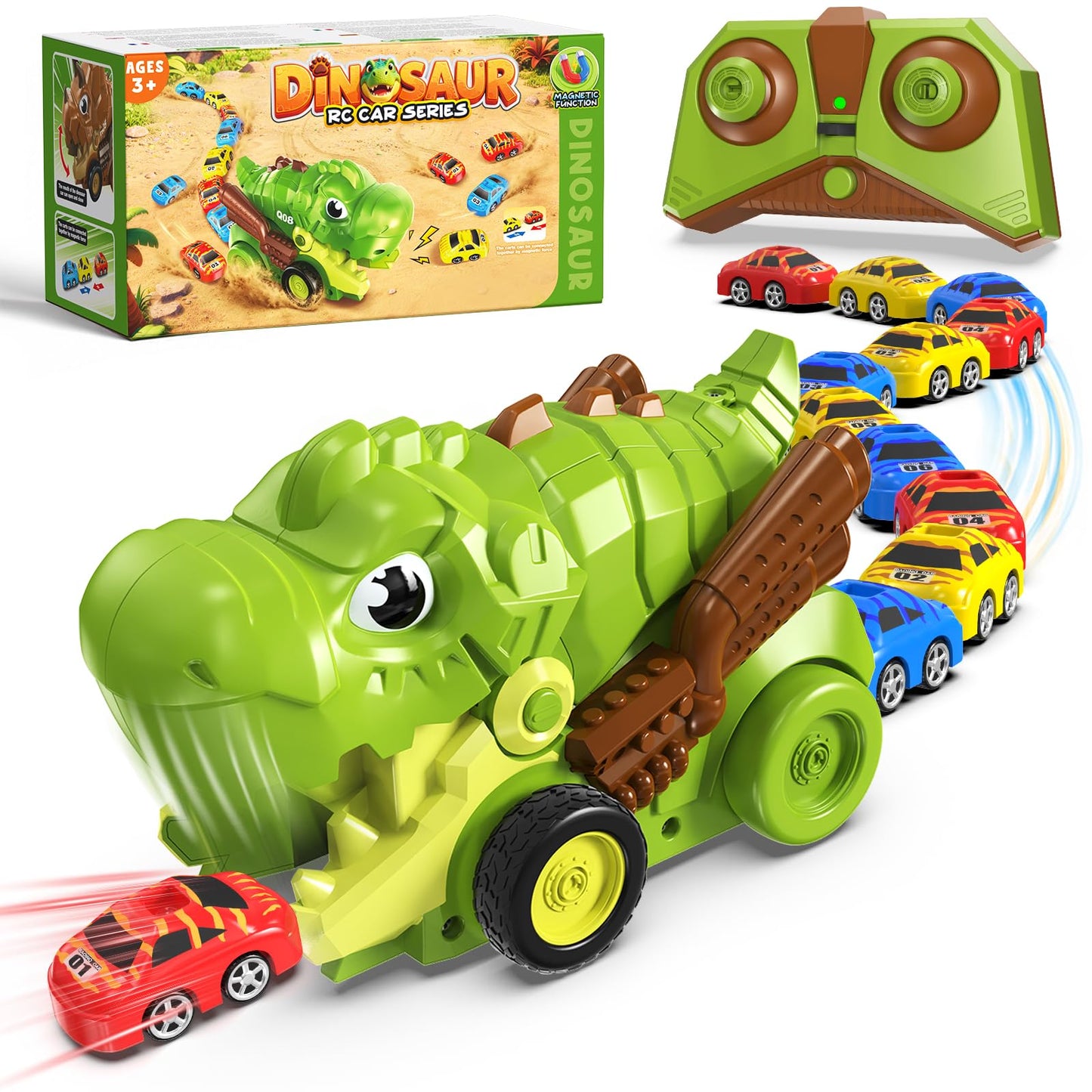 Motivekit RC Dinosaur Truck for Kids Ages 3+, Remote Control Car Carrier with 12 Magnetic Mini Cars, 2.4 GHz RC Toy Car with Music, Indoor Dinosaur
