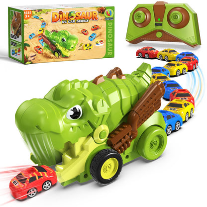 Motivekit RC Dinosaur Truck for Kids Ages 3+, Remote Control Car Carrier with 12 Magnetic Mini Cars, 2.4 GHz RC Toy Car with Music, Indoor Dinosaur