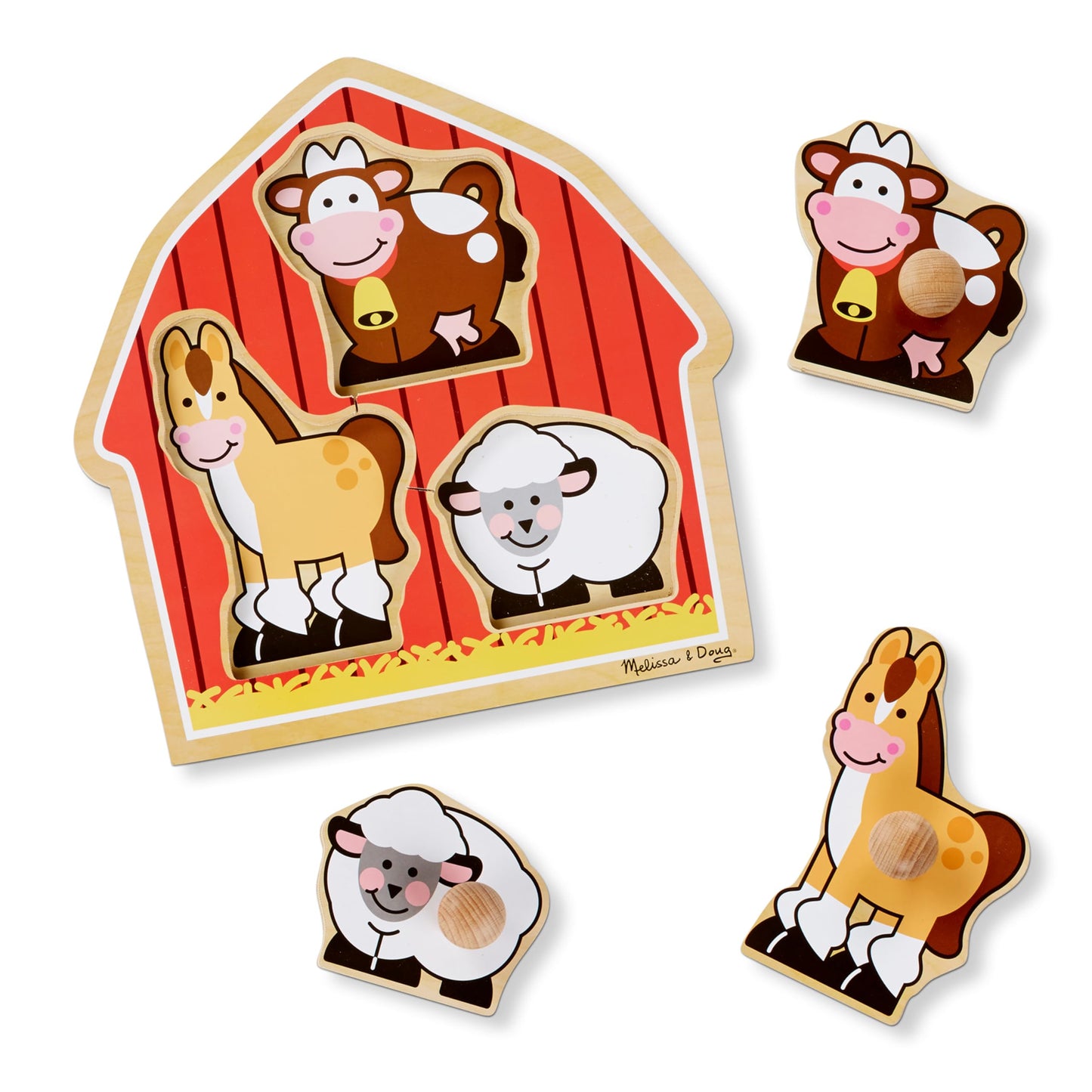 Melissa & Doug Barnyard Animals Jumbo Knob Puzzle, Wooden Peg Puzzle for Toddlers, Educational Toy for Shape Recognition and Fine Motor Skills, Ages