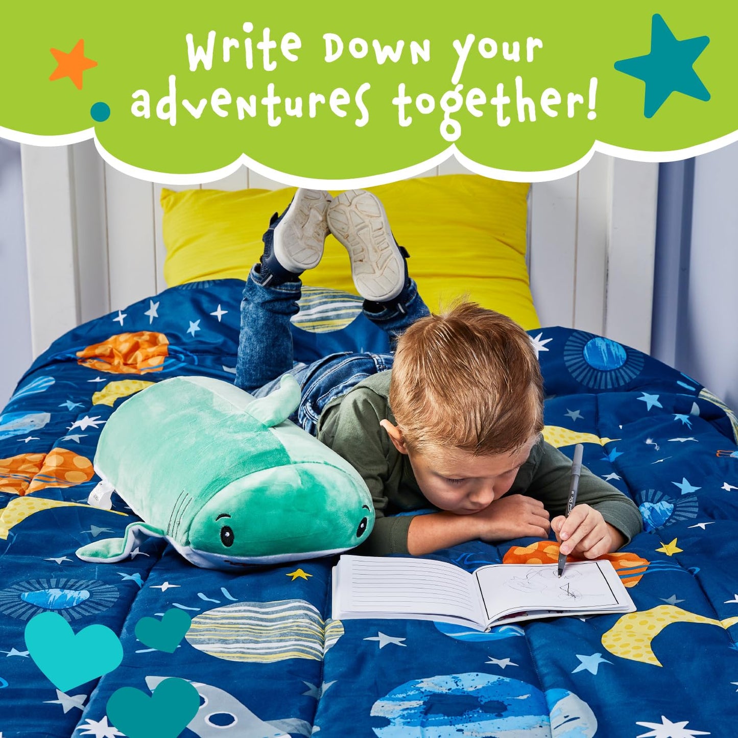 MEMORY MATES Jake the Shark Memory Foam Pillow Plush with Kid's Diary that Stores in Belly Pocket, 15” Stuffed Animal, 6" Journal