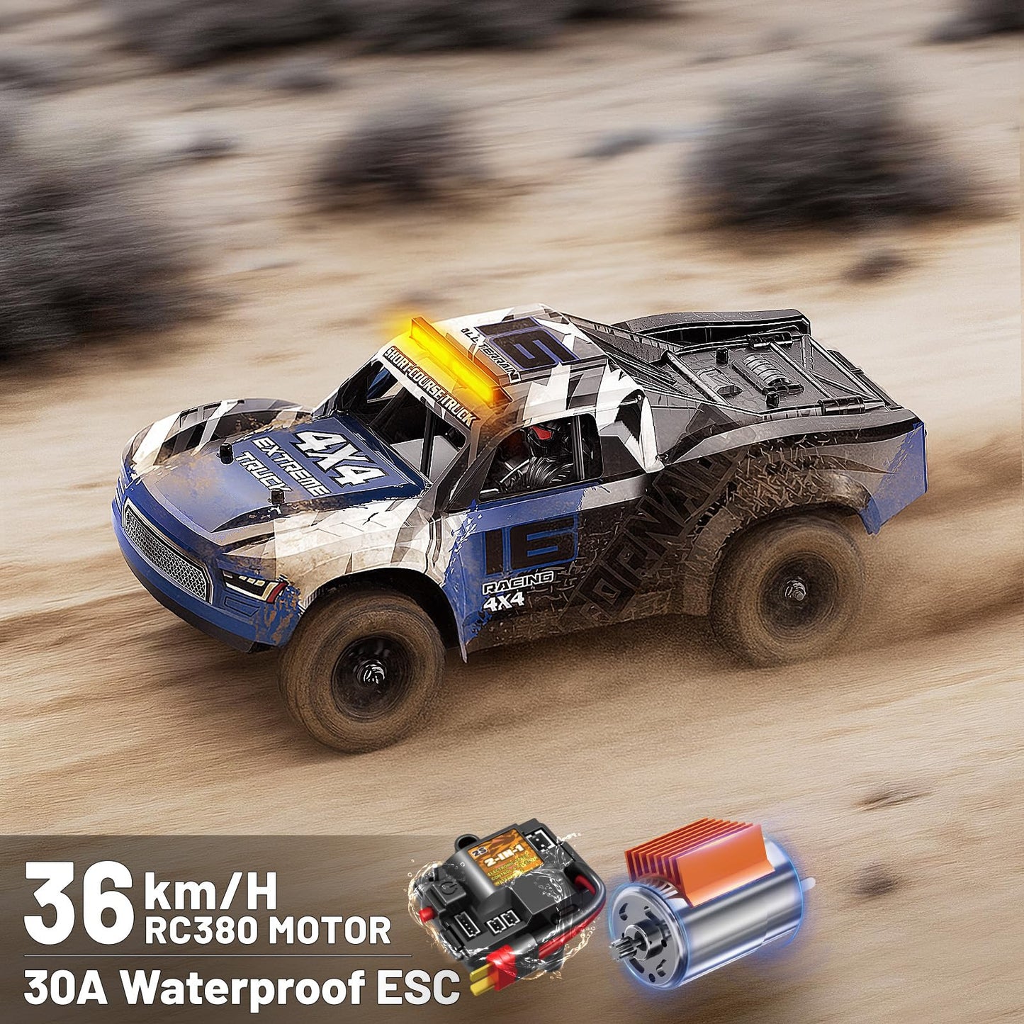 1:16 Scale RC Monster Truck, 2.4GHz Remote Control Fast RC Car 36km/h 4WD Off-Road Water-Resistant Electric Powered Vehicle with Dual Batteries, Drift