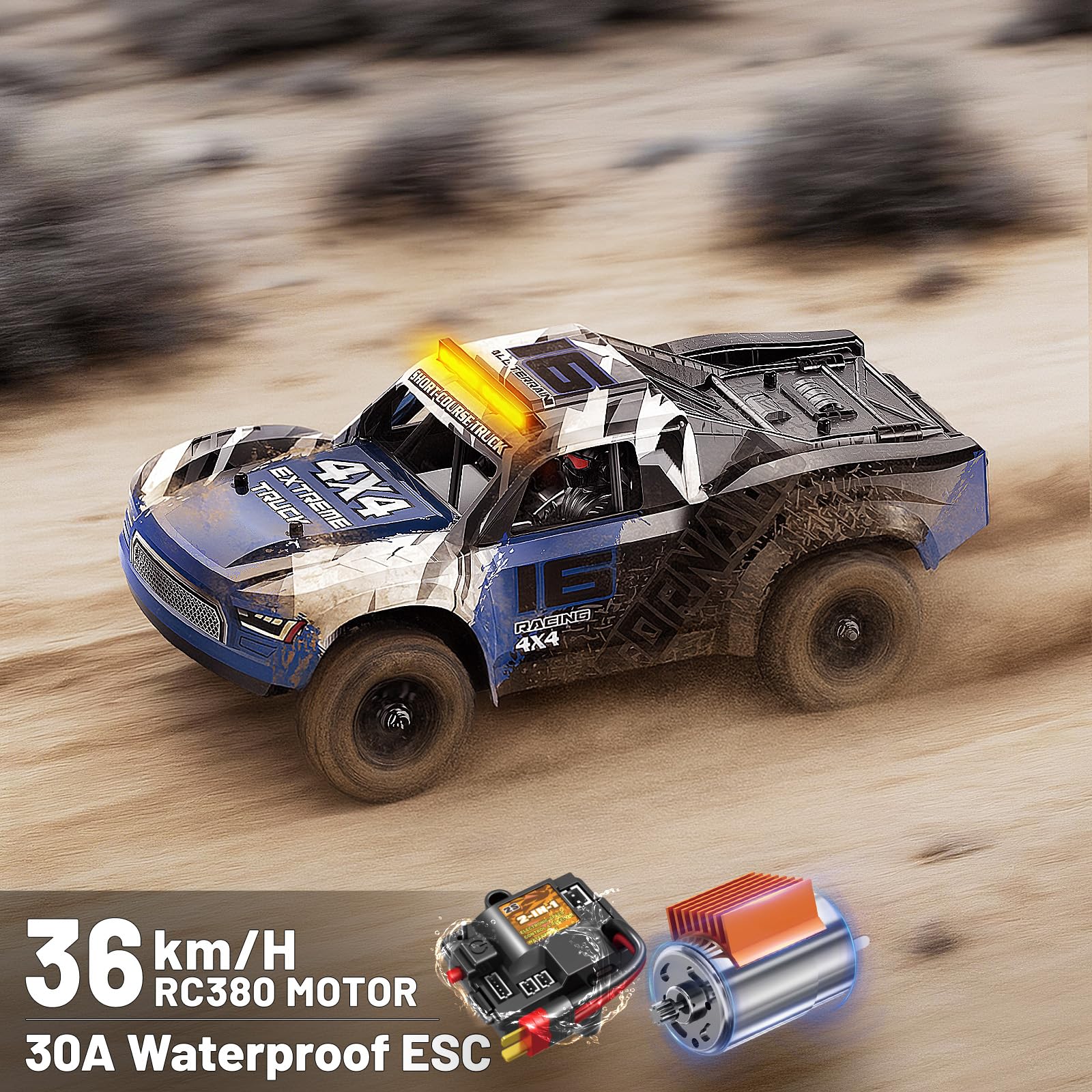 1:16 Scale RC Monster Truck, 2.4GHz Remote Control Fast RC Car 36km/h 4WD Off-Road Water-Resistant Electric Powered Vehicle with Dual Batteries, Drift