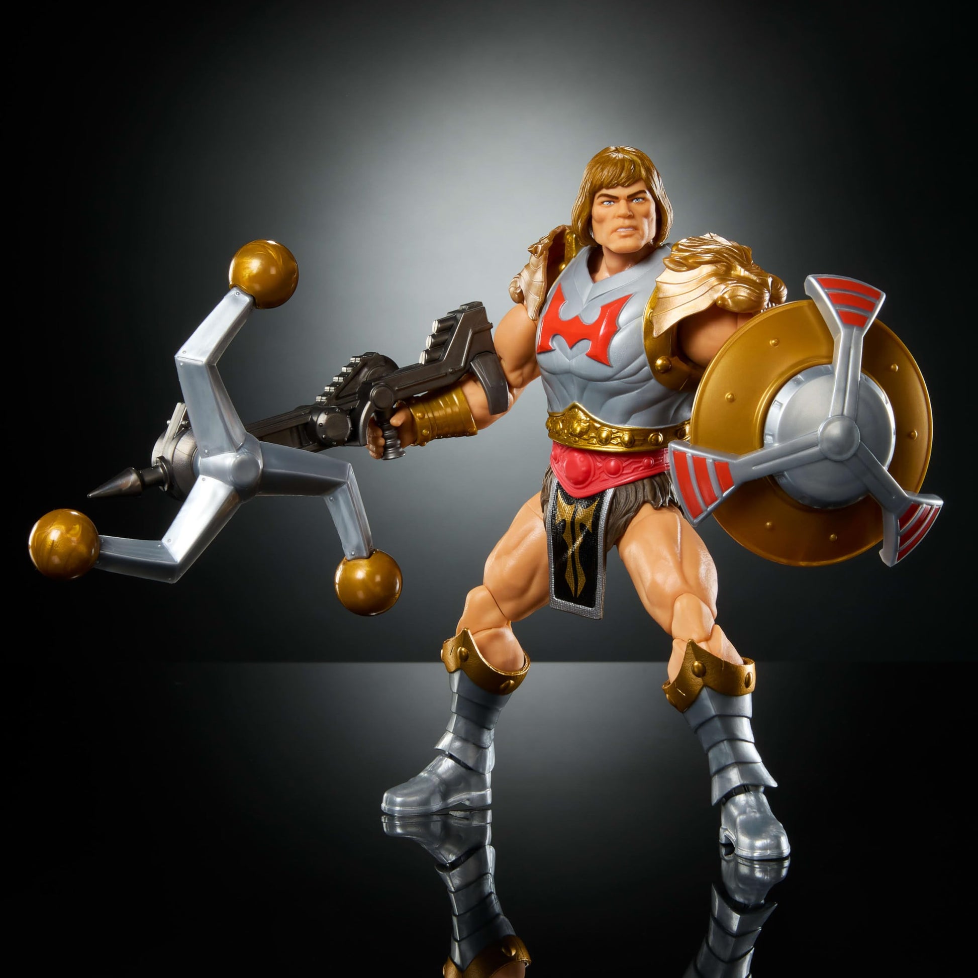 Masters of The Universe Masterverse 7-Inch Action Figure, New Eternia Flying Fists He-Man Motu Toy, Spinning Weapon & Shield, 30 Articulations