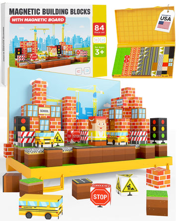Gift-Ready Magnetic Building Blocks for Kids, Magnet Cubes - Construction Site Toy Building Sets with Magnetic Storage Board - 84-Piece Pixy Stacking