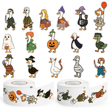 DSjuedui Spooky Goose Stickers Roll - 1000Pcs Funny Cartoon Ghost Pumpkin Goose Waterproof Decoration Decals Gifts for Halloween Christmas