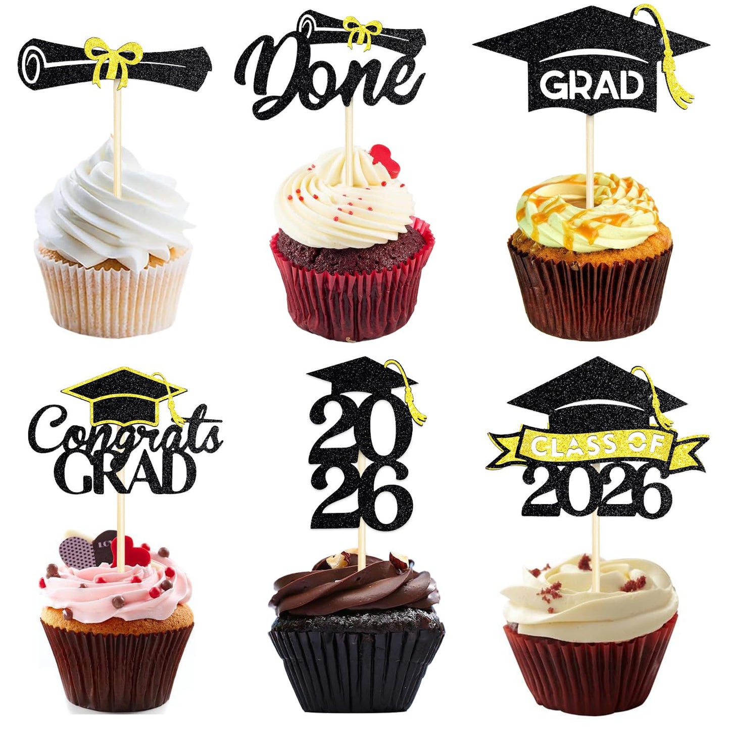 Chewarelly Pre Assemble 2026 Graduation Cupcake Toppers Set, 24 Pack