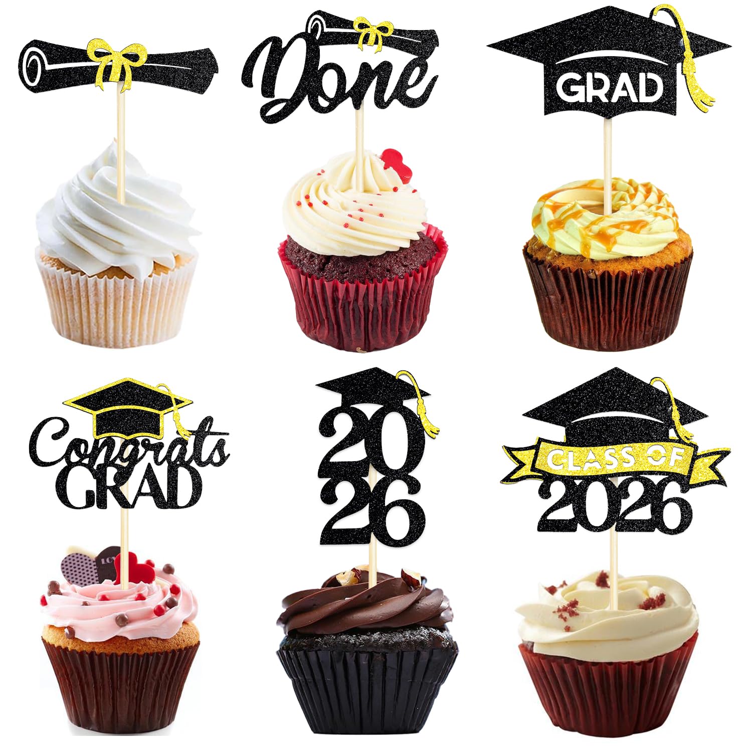 Chewarelly Pre Assemble 2026 Graduation Cupcake Toppers Set, 24 Pack