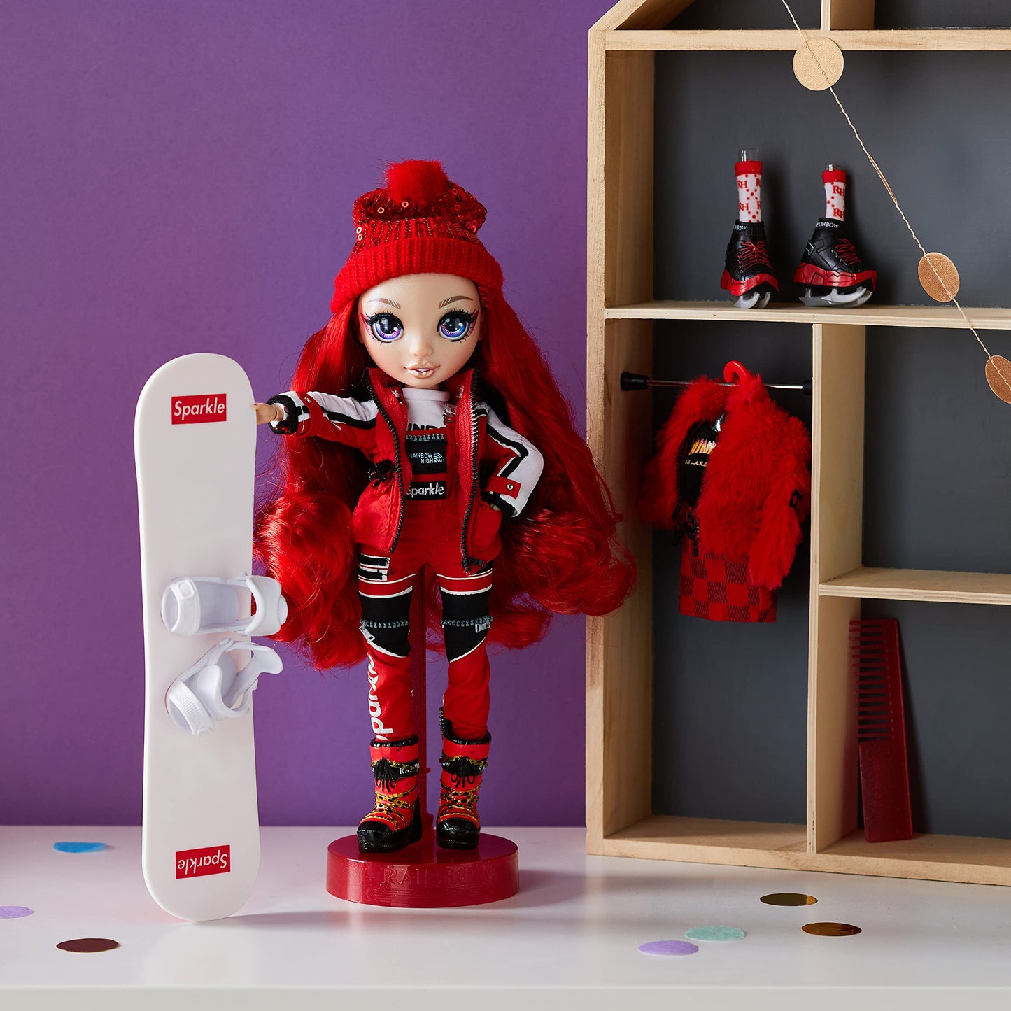 Rainbow High Winter Break Ruby Anderson - Red Fashion Doll and Playset with 2 Designer Outfits, Snowboard and Accessories
