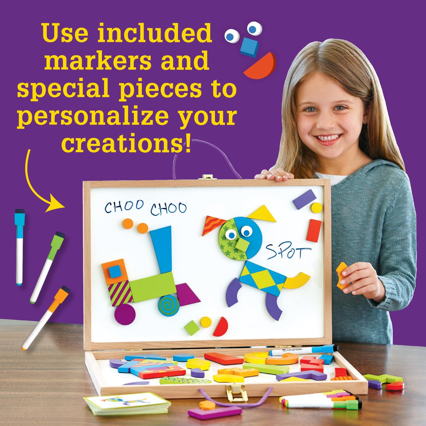MindWare Imagination Patterns - Creative, Magnetic Play with Patterned Tangram Shapes - Includes 60 Magnetic Blocks, 60 Puzzle Cards, Dry Erase