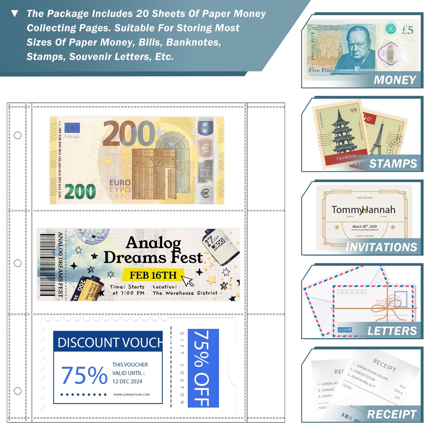 Uncle Paul 20 Sheets Currency Pages with Labels for Paper Money Collection - 3 Pockets Currency Sleeves Currency Holder Collecting Album Pages for