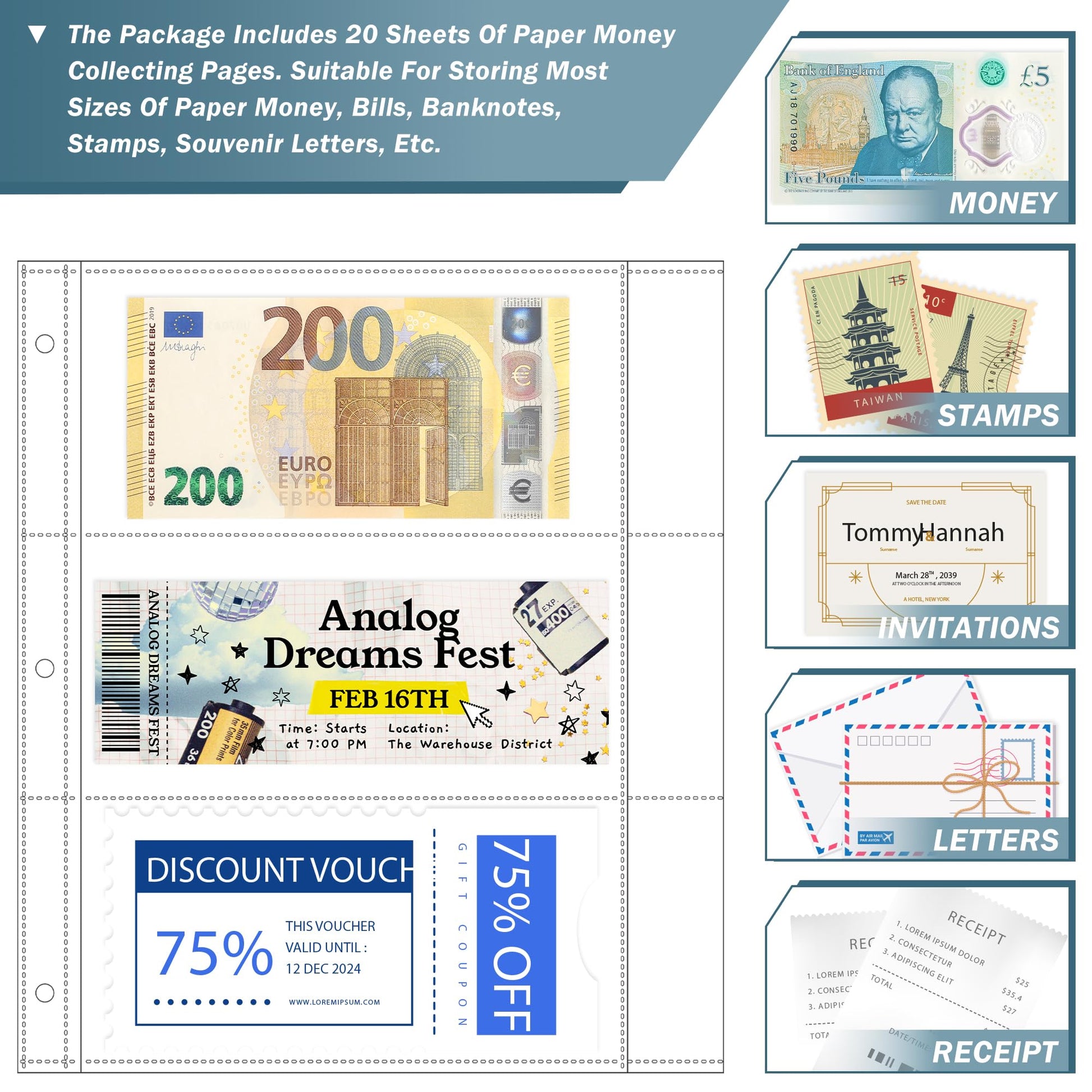 Uncle Paul 20 Sheets Currency Pages with Labels for Paper Money Collection - 3 Pockets Currency Sleeves Currency Holder Collecting Album Pages for