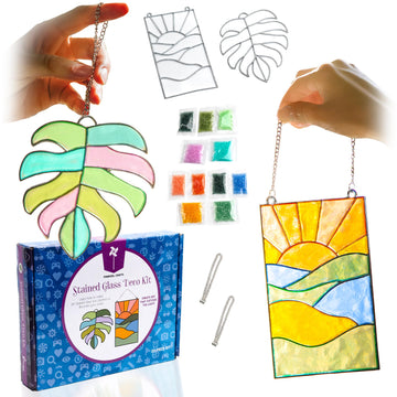 Pinwheel Crafts DIY Stained Glass Kit for Kids - Stain Glass Art Gift Set with 2 Decorative Frames, Hanging Chain, Ring and Colored Beads - Fun