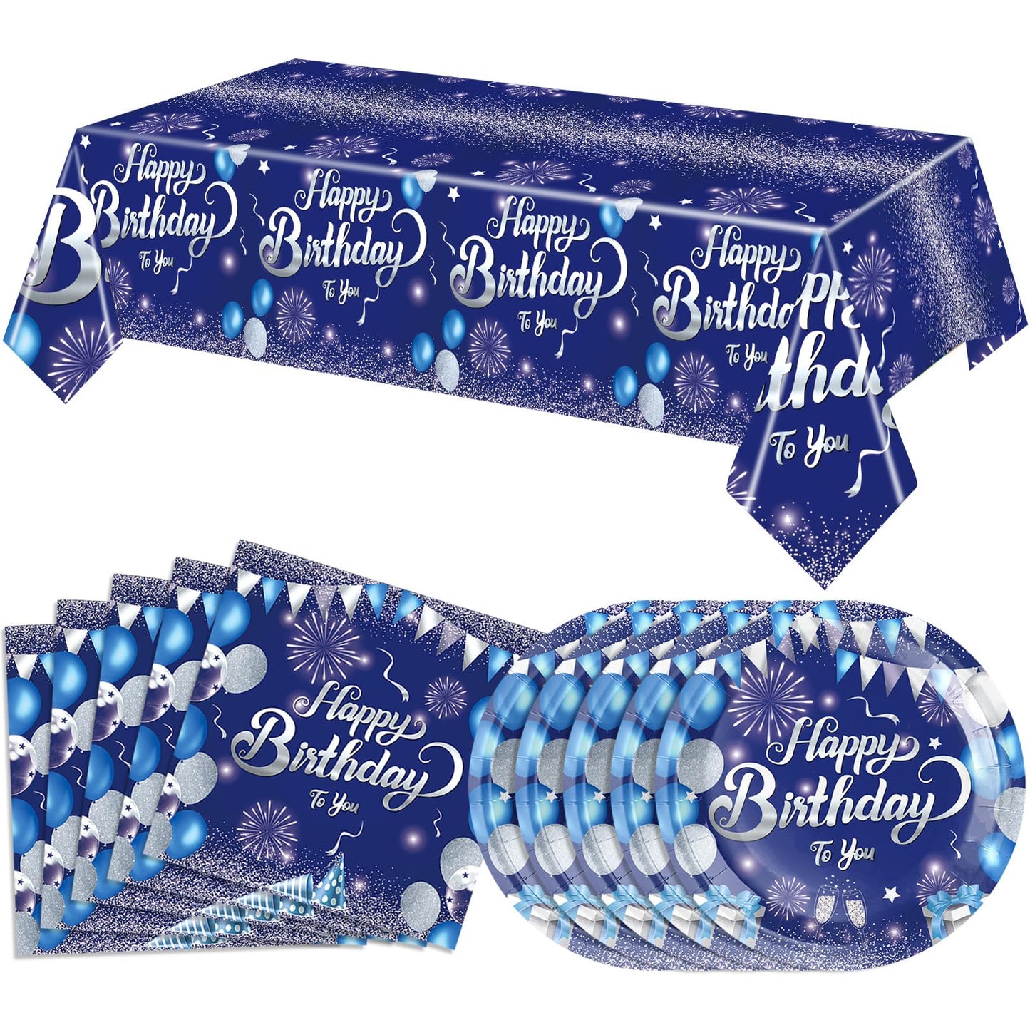 41 PCS Blue Birthday Decorations Blue and Silver Theme Tableware Sets Included Navy Blue Party Plates and Napkins Tablecloth for Men Women Birthdays