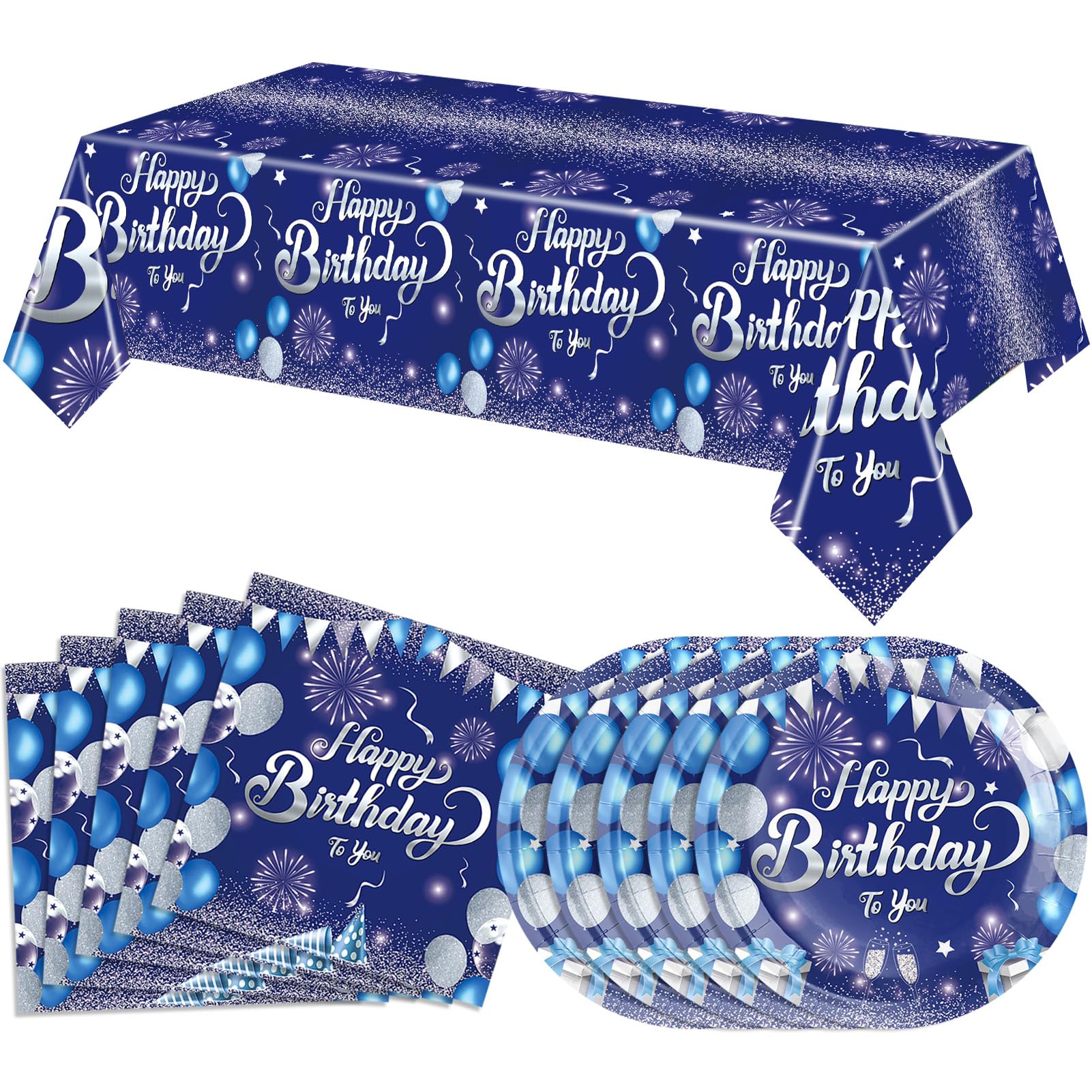 41 PCS Blue Birthday Decorations Blue and Silver Theme Tableware Sets Included Navy Blue Party Plates and Napkins Tablecloth for Men Women Birthdays
