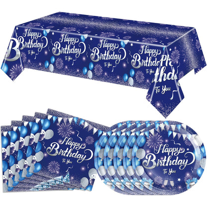 41 PCS Blue Birthday Decorations Blue and Silver Theme Tableware Sets Included Navy Blue Party Plates and Napkins Tablecloth for Men Women Birthdays