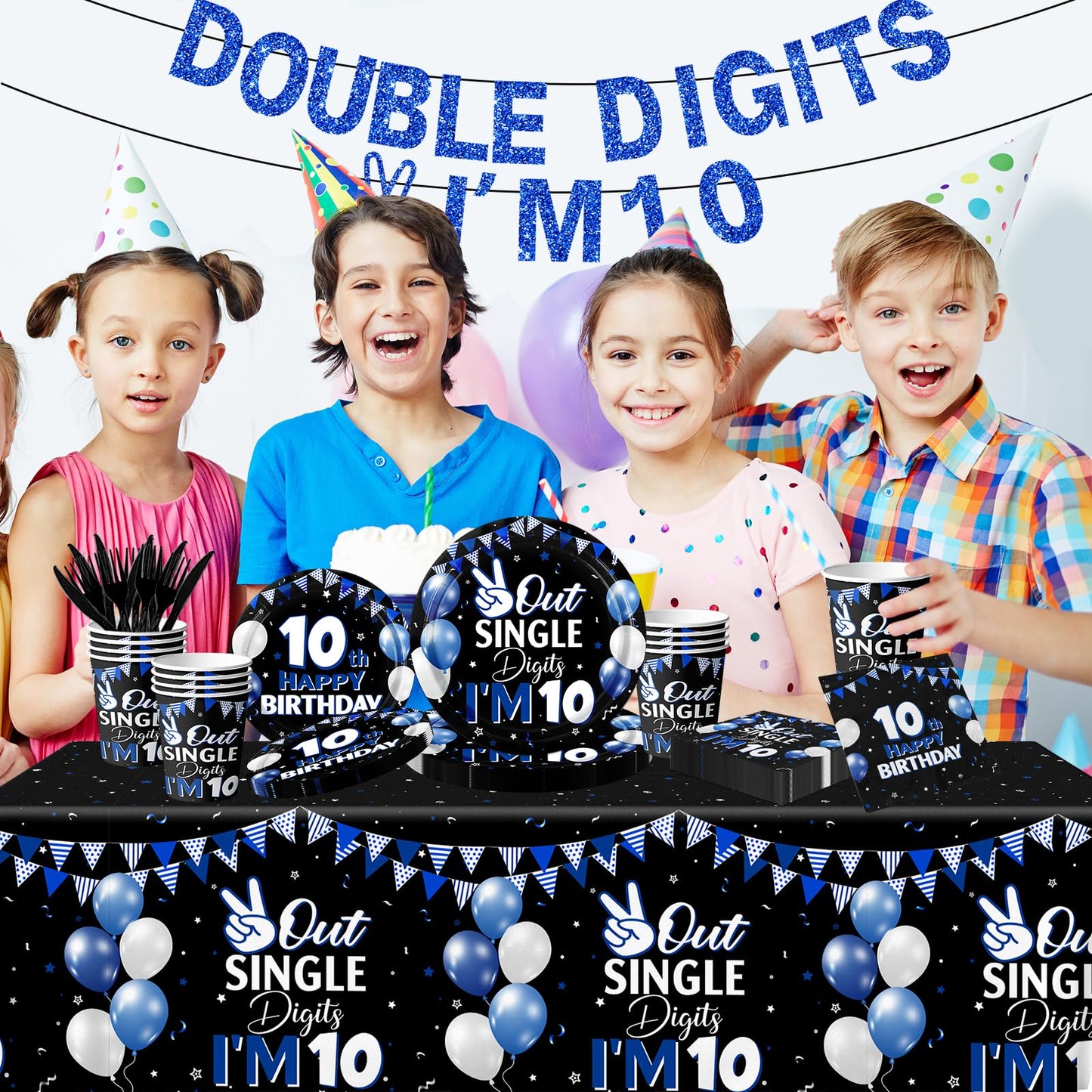 142pcs 10th Birthday Decorations for Boys,10 Year Old Birthday Decorations Tableware Double Digits Birthday Boy Plates and Napkins Cups Tablecloth