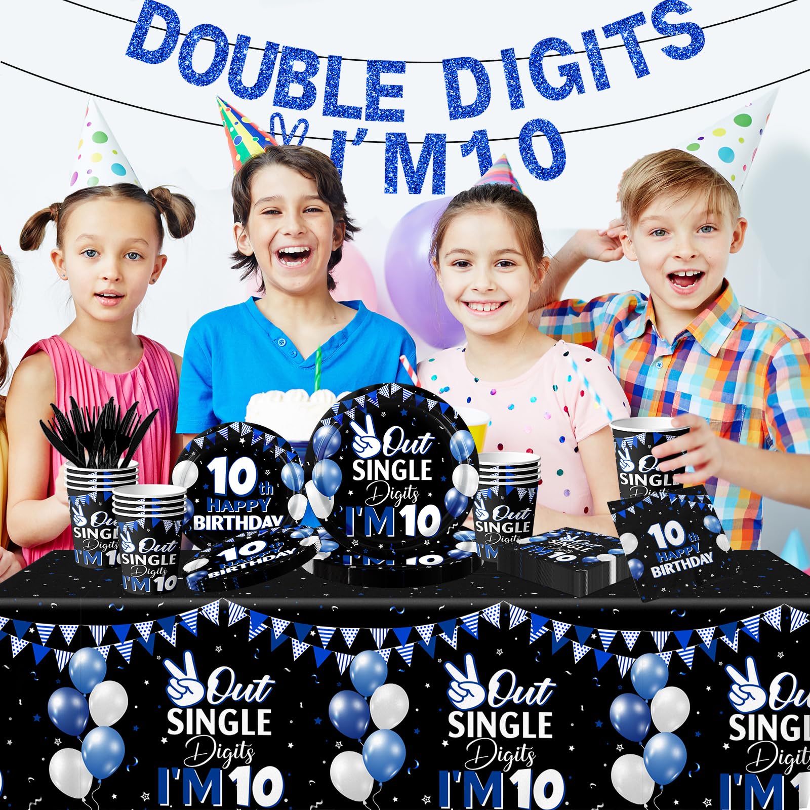 142pcs 10th Birthday Decorations for Boys,10 Year Old Birthday Decorations Tableware Double Digits Birthday Boy Plates and Napkins Cups Tablecloth