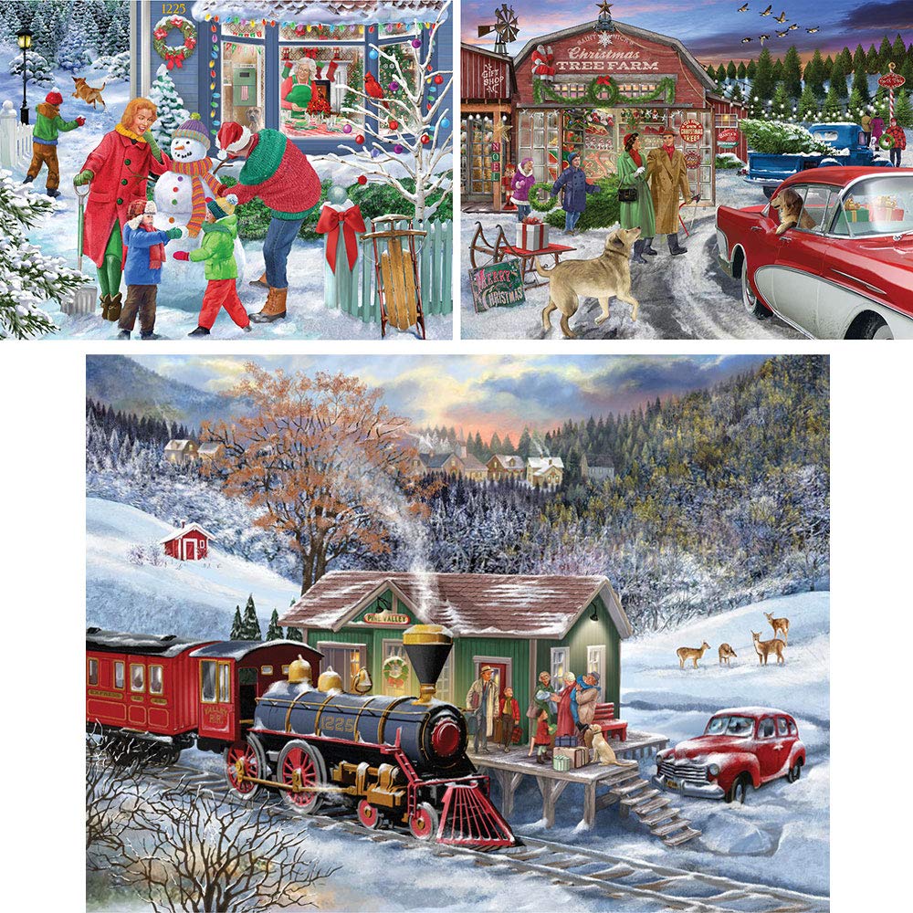 Bits and Pieces - Value Set of Three 300 Piece Jigsaw Puzzles for Adults - Home for The Holidays Jigsaw Puzzles by Artist Bigelow Illustrations