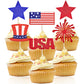24 Pcs 4th of July Cupcake Toppers - Patriotic Red White Blue Glitter USA Cake Toppers with American Flag, Star and Firework Designs for Independence