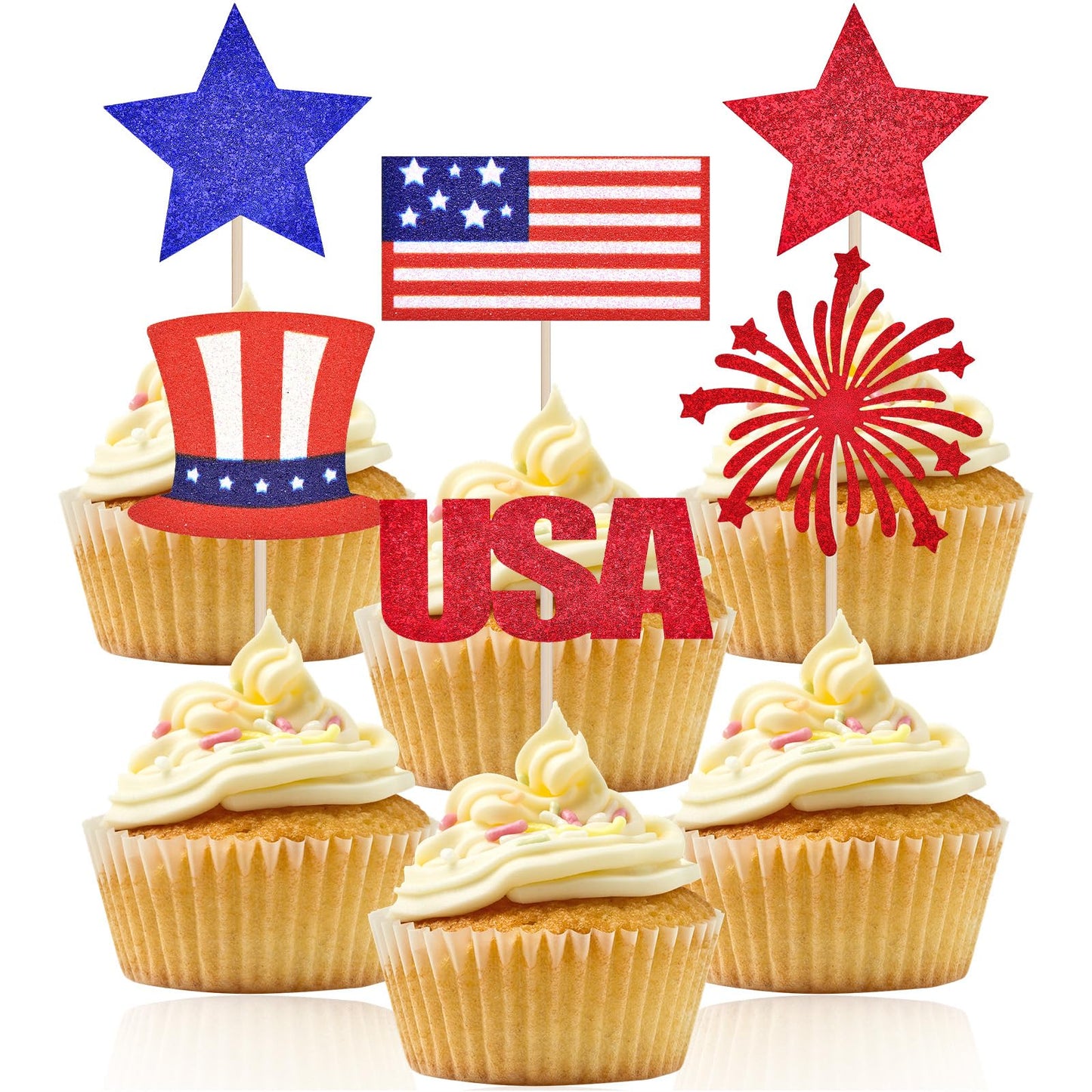 24 Pcs 4th of July Cupcake Toppers - Patriotic Red White Blue Glitter USA Cake Toppers with American Flag, Star and Firework Designs for Independence