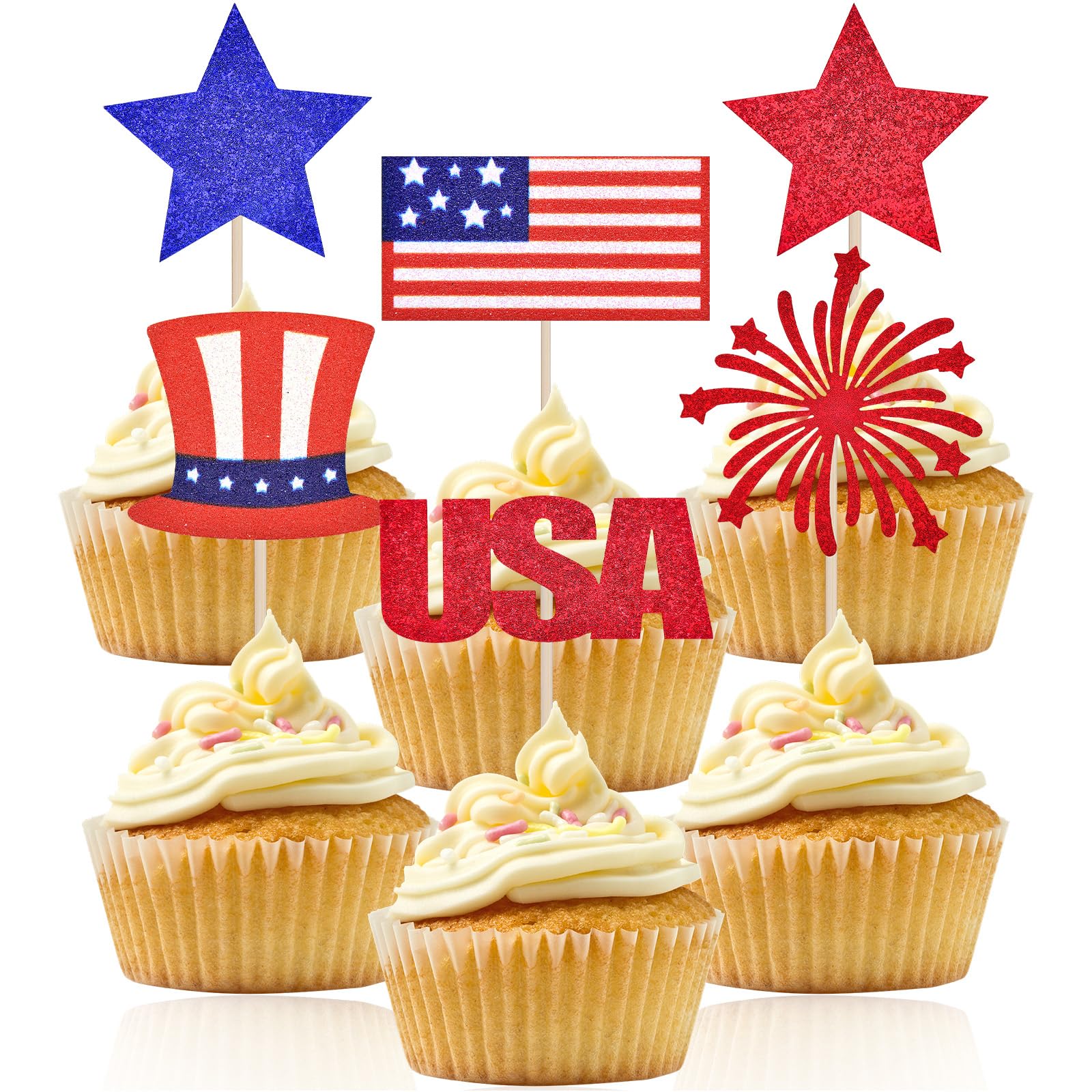 24 Pcs 4th of July Cupcake Toppers - Patriotic Red White Blue Glitter USA Cake Toppers with American Flag, Star and Firework Designs for Independence