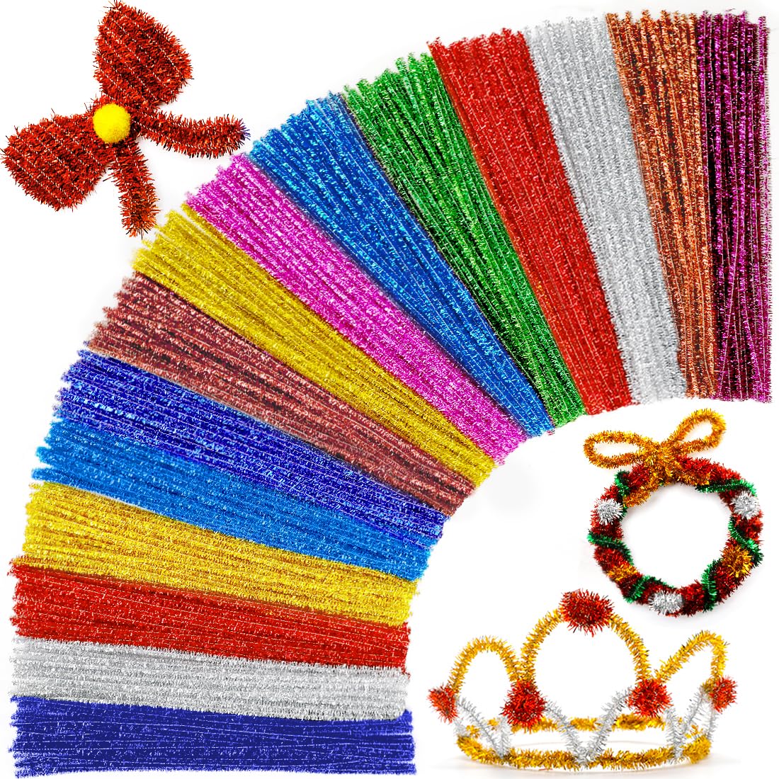 Praisebank Glitter Pipe Cleaners for Crafts, 200pcs, Chenille Stems for DIY Projecets, Arts & Crafts Supplies for Festival Party Decorations