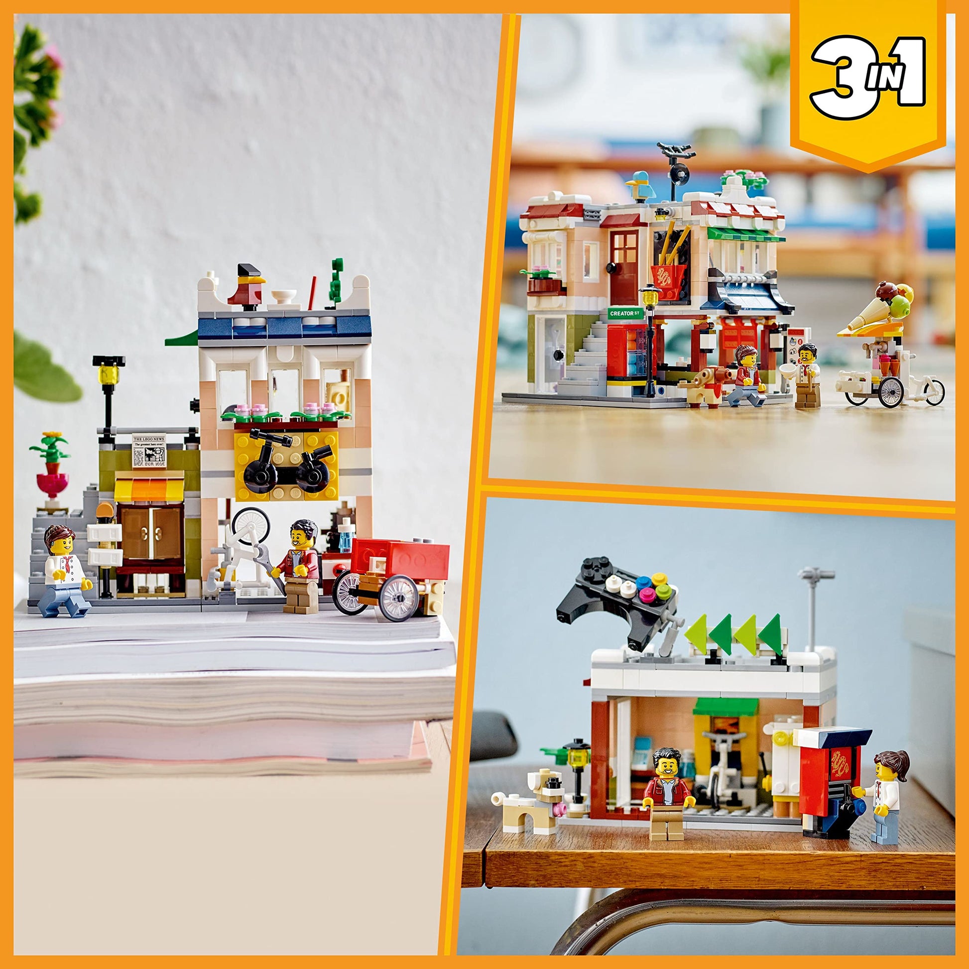 LEGO Creator 3 in 1 Downtown Noodle Shop House, Transforms from Noodle Shop to Bike Shop to Arcade, Modular Building Set, Toy Gift for Kids 8 Years