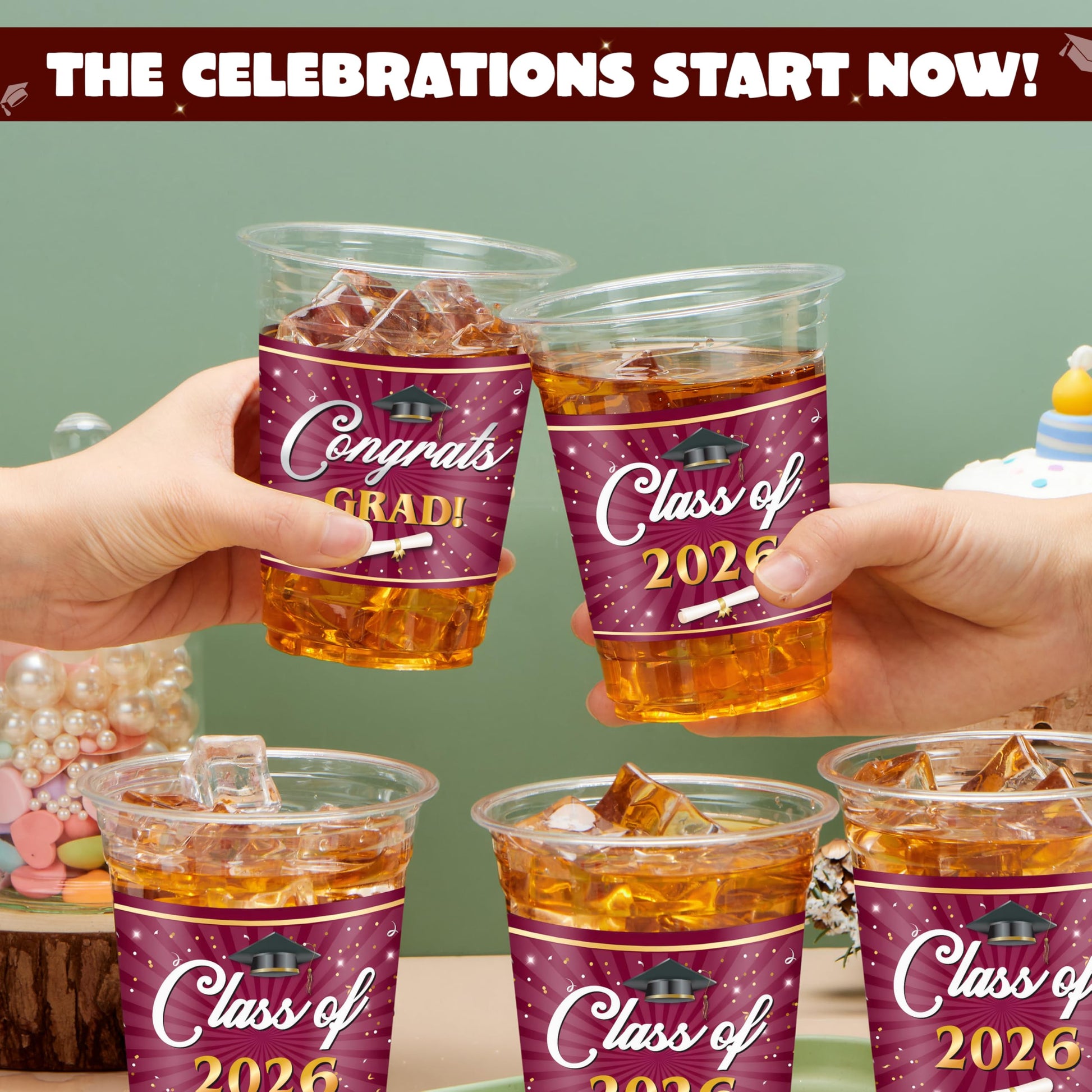 JOYIN 100 Pcs 16oz Graduation Party Plastic Cups (Maroon), Grad PET Cup Tableware Bulk for Class of 2026 Graduates, Disposable Cups for 2026 High