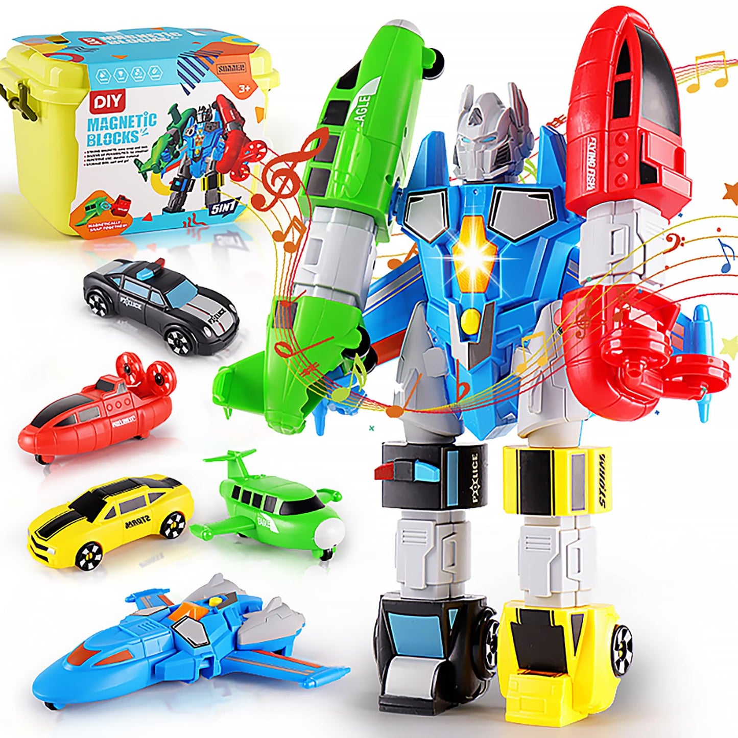 SOMMER 5-in-1 Magnetic Vehicles Toy Playset, Mix and Match STEM Stacking Assembling Car Kit with Storage Box, Transform into Robot, Birthday Gift