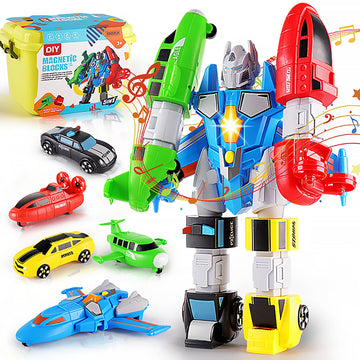 SOMMER 5-in-1 Magnetic Vehicles Toy Playset, Mix and Match STEM Stacking Assembling Car Kit with Storage Box, Transform into Robot, Birthday Gift