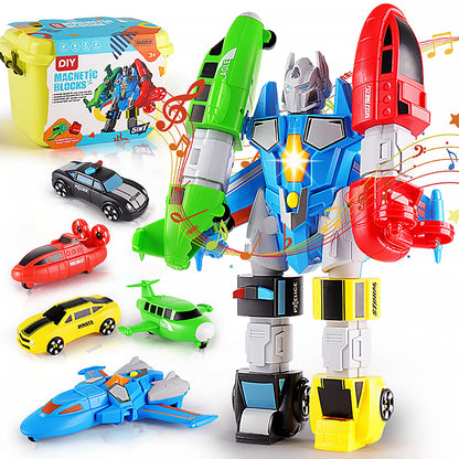 SOMMER 5-in-1 Magnetic Vehicles Toy Playset, Mix and Match STEM Stacking Assembling Car Kit with Storage Box, Transform into Robot, Birthday Gift