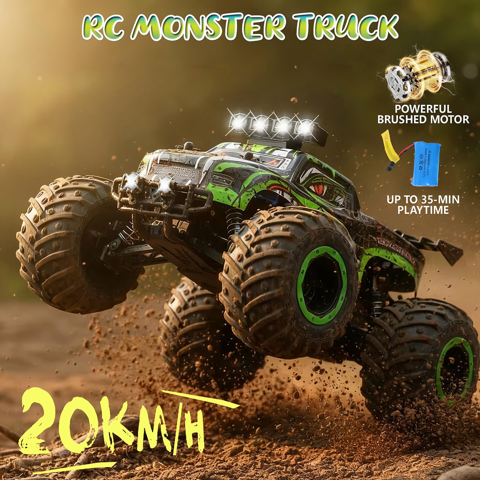 Ufilni Remote Control Monster Truck for Kids: Off-Road RC Car with Headlights & Body Lights, 1:18, 20 km/h, 2WD, 2.4 GHz, All-Terrain, Rechargeable
