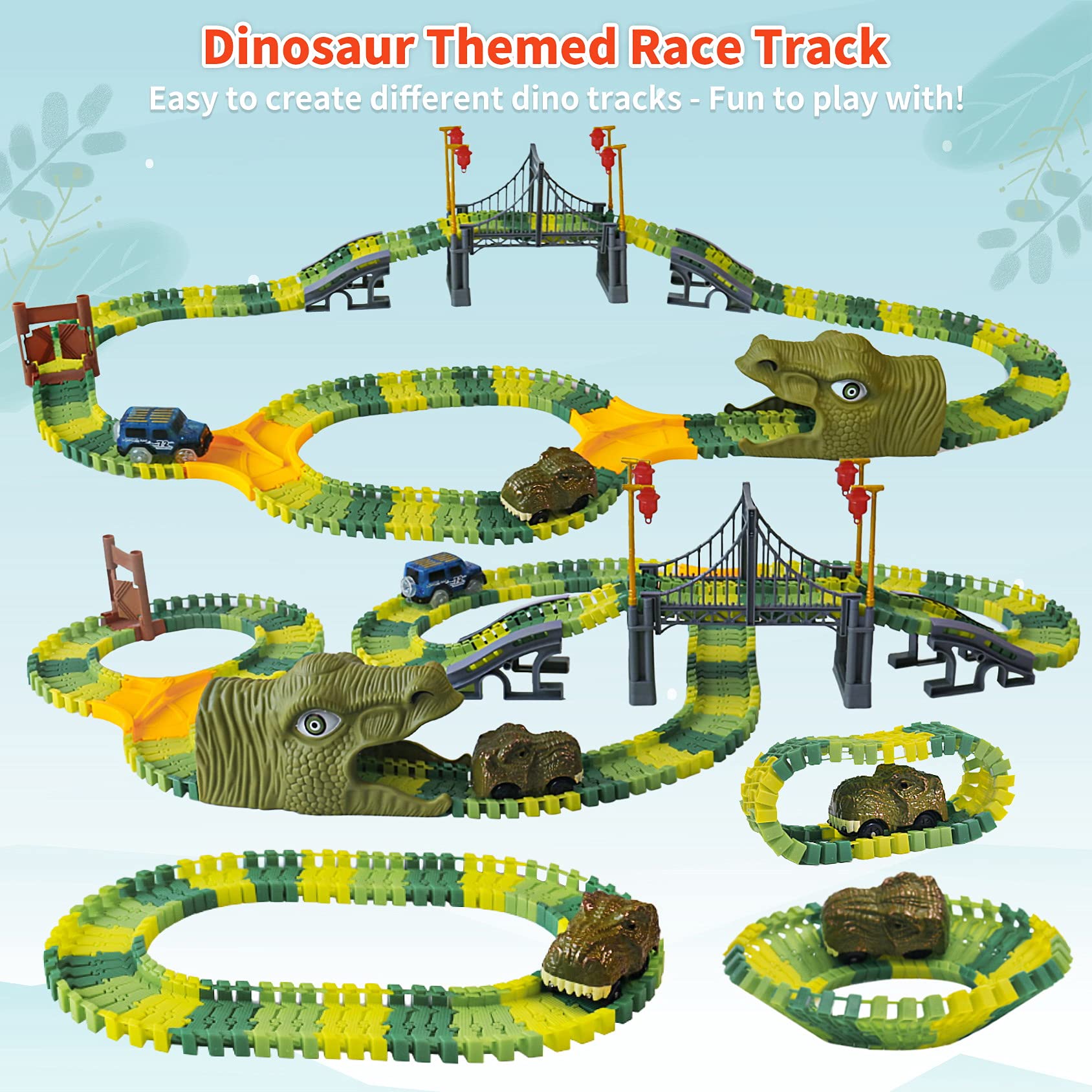 IQKidz Dinosaur World Race Track Toys - 216pcs Flexible Track Playset with 1 Dinosaur Car, 1 Race Car, 6 Dino Toys, for Kids 3 4 5 6 Year & Up Old