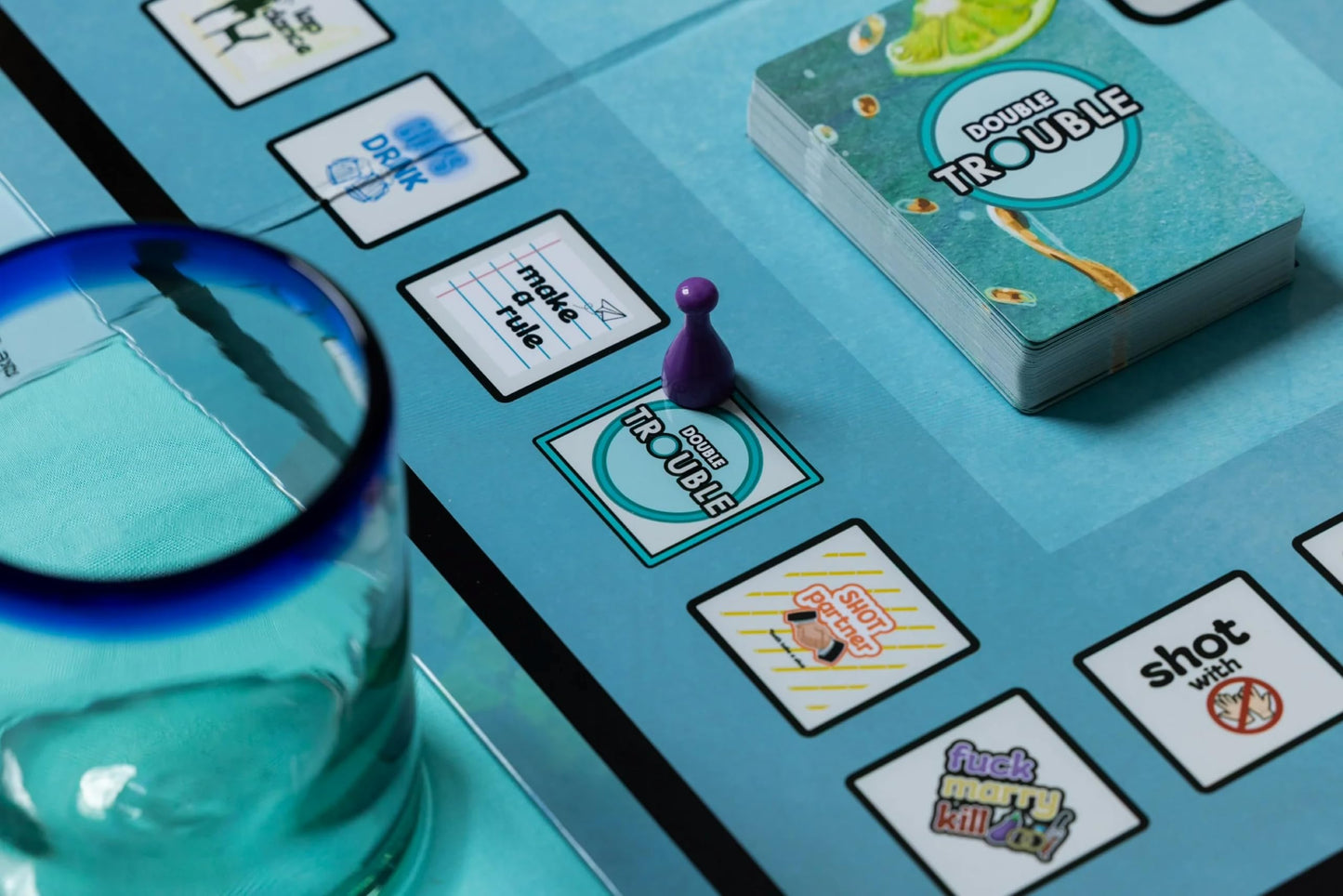 Tequila Trouble Drinking Board Game | Adult Drinking Game for Parties | 2-16 Players | Age 21+ | Double Trouble Dare Cards | Game Night | Bachelorette