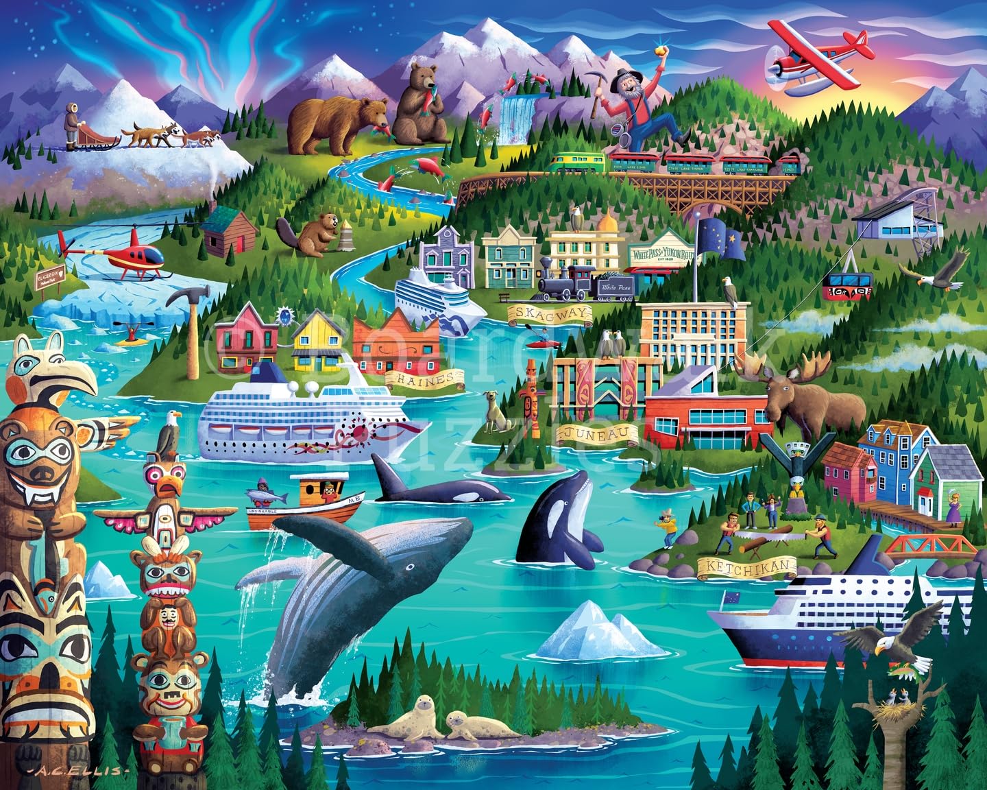 Boardwalk Alaska’s Inside Passage 500 Piece Jigsaw Puzzle Scenic Wildlife Alaska Puzzles with Premium Box, Gift for Adults and Family 16"x20"