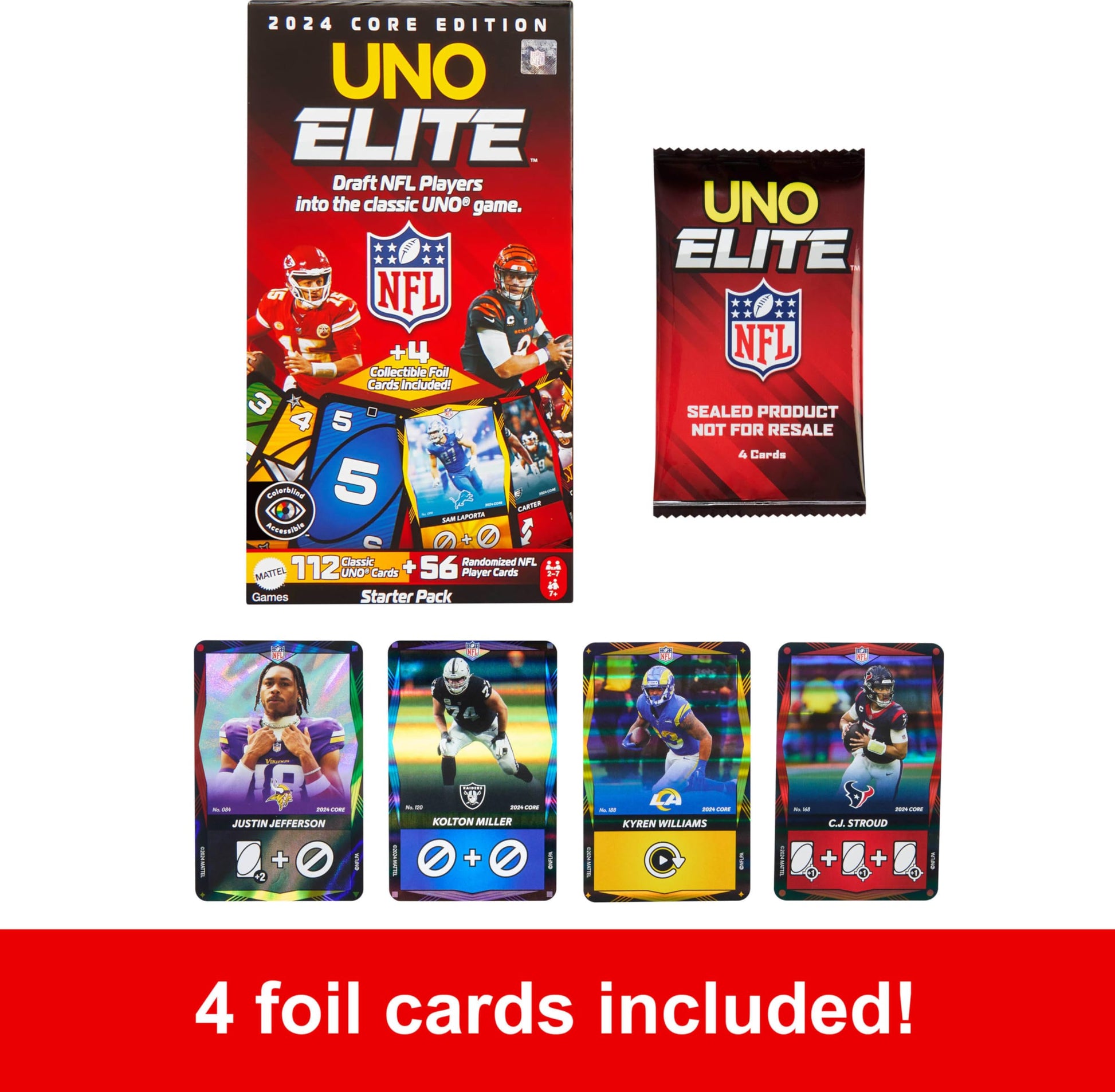 Mattel Games UNO Elite NFL Card Game, 2024 Officially Licensed Core Edition with 4 Collectible Foil Cards Featuring Team Players
