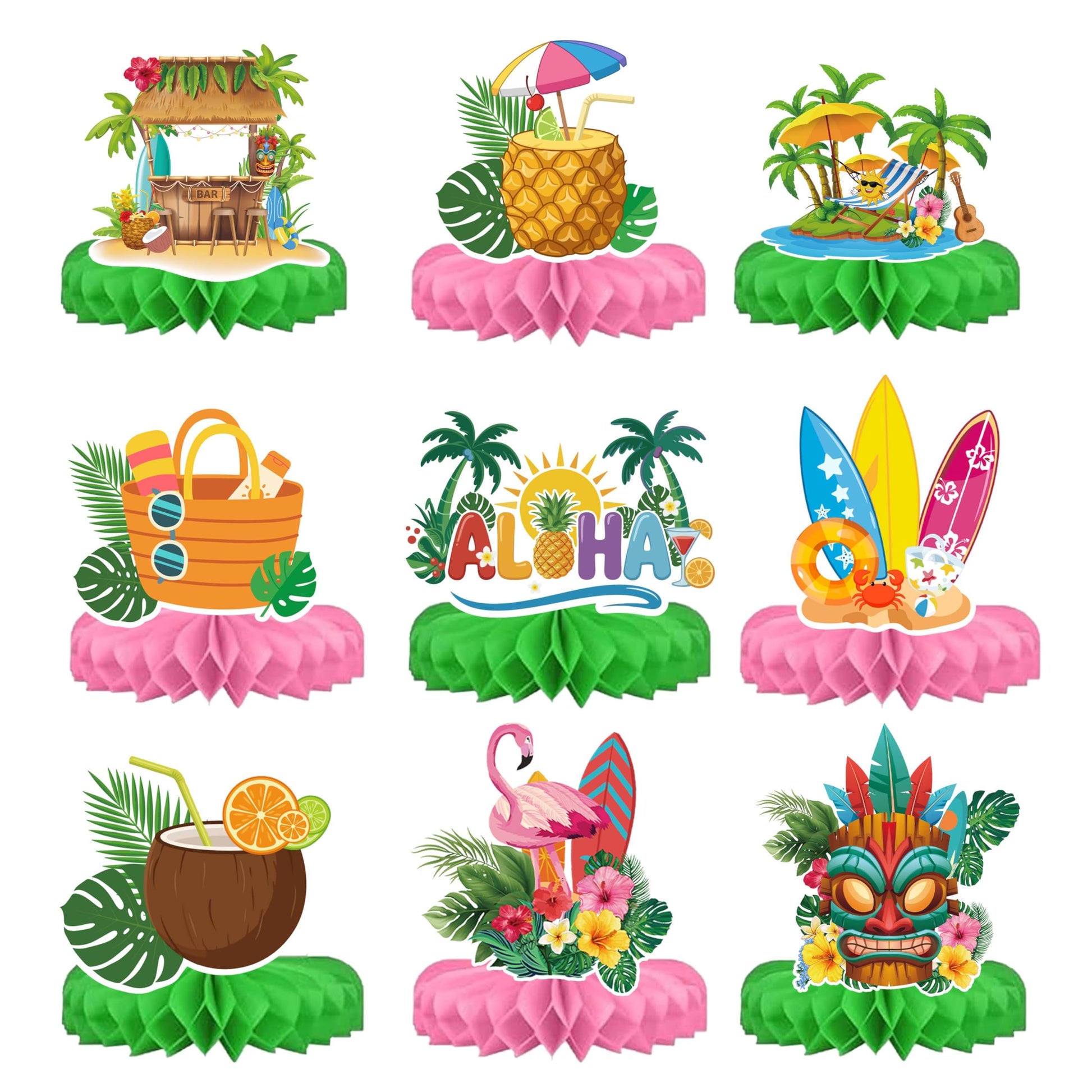 Hawaiian Luau Party Decorations Set, 9 Pcs Aloha Honeycomb Centerpieces for Tables, Tropical Tiki Beach Summer Pool Theme Birthday Party Supplies