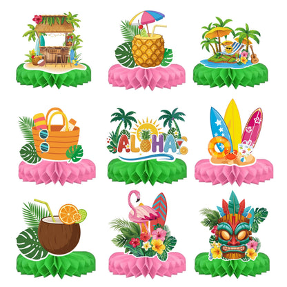 Hawaiian Luau Party Decorations Set, 9 Pcs Aloha Honeycomb Centerpieces for Tables, Tropical Tiki Beach Summer Pool Theme Birthday Party Supplies