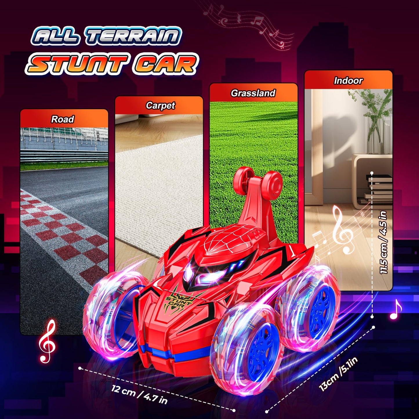 Quapify Remote Control Car, Boys Toys Age 4-6 6-8 8-12 360° Rotating 2.4GHz Fast Stunt RC Cars with Cool Lights Music 4WD Off Road RC Crawlers