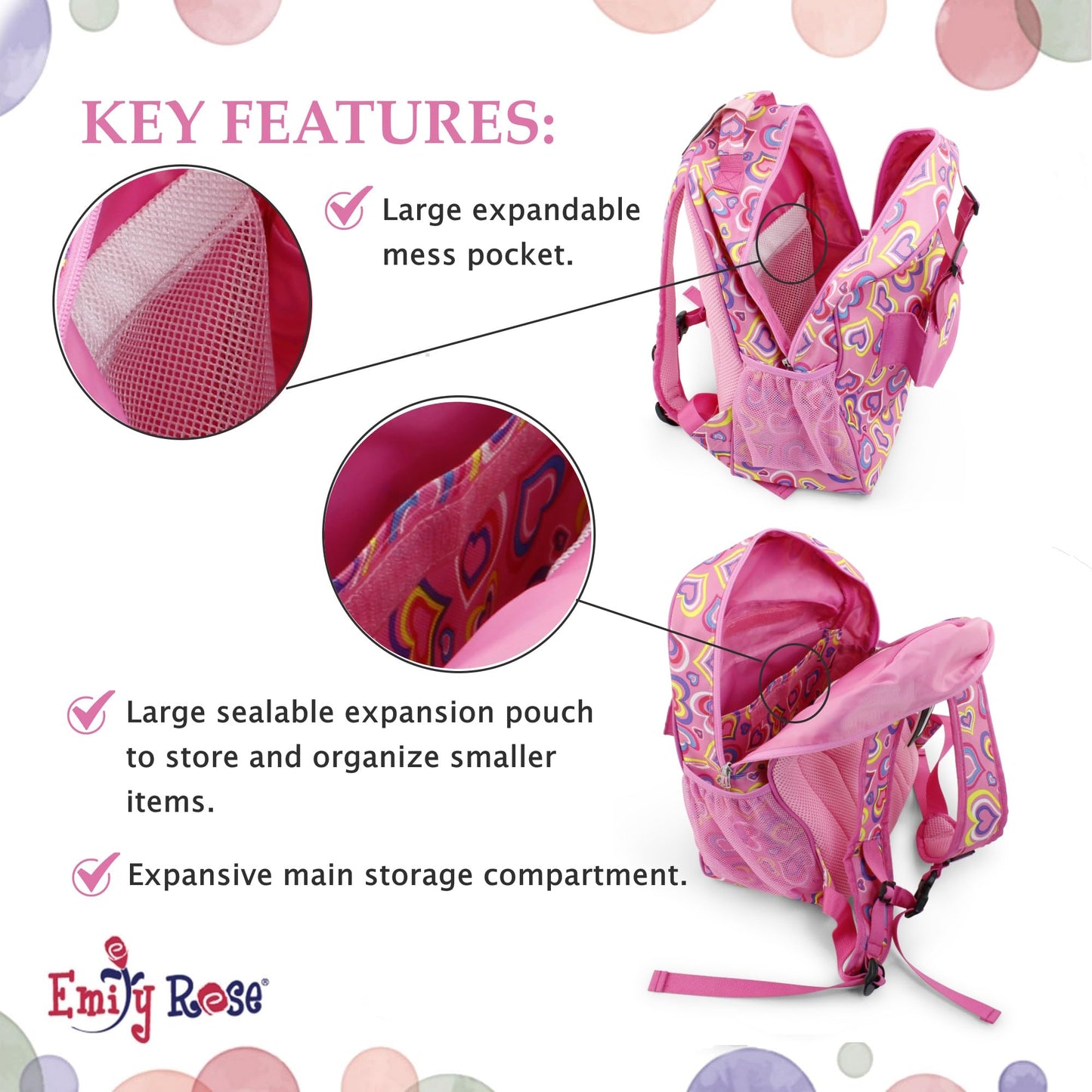 Emily Rose Kids Daypack Overnight Backpack 18-inch Doll Travel Carrier Includes Carry Pouch for Baby Dolls/Stuffed Animals | Little Girls Back Pack