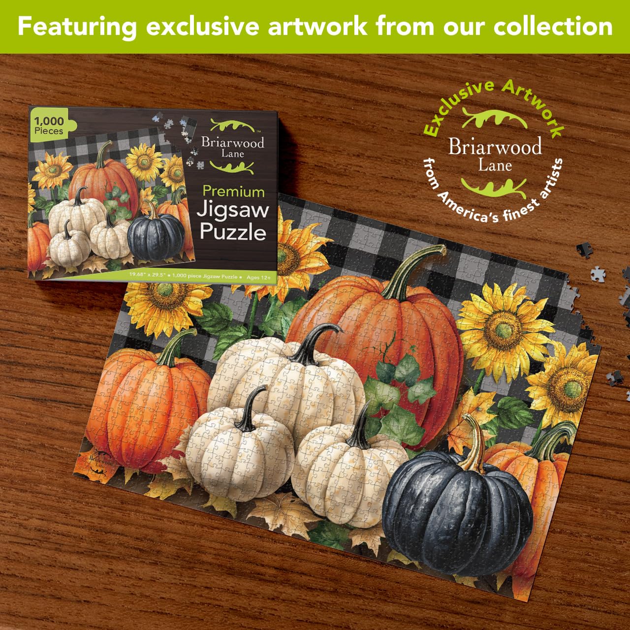 Briarwood Lane Fall Jigsaw Puzzle 1000 Pieces Adult Finished Size 29.5x19.68 Fall Checkered Pumpkins Puzzle for Game Night
