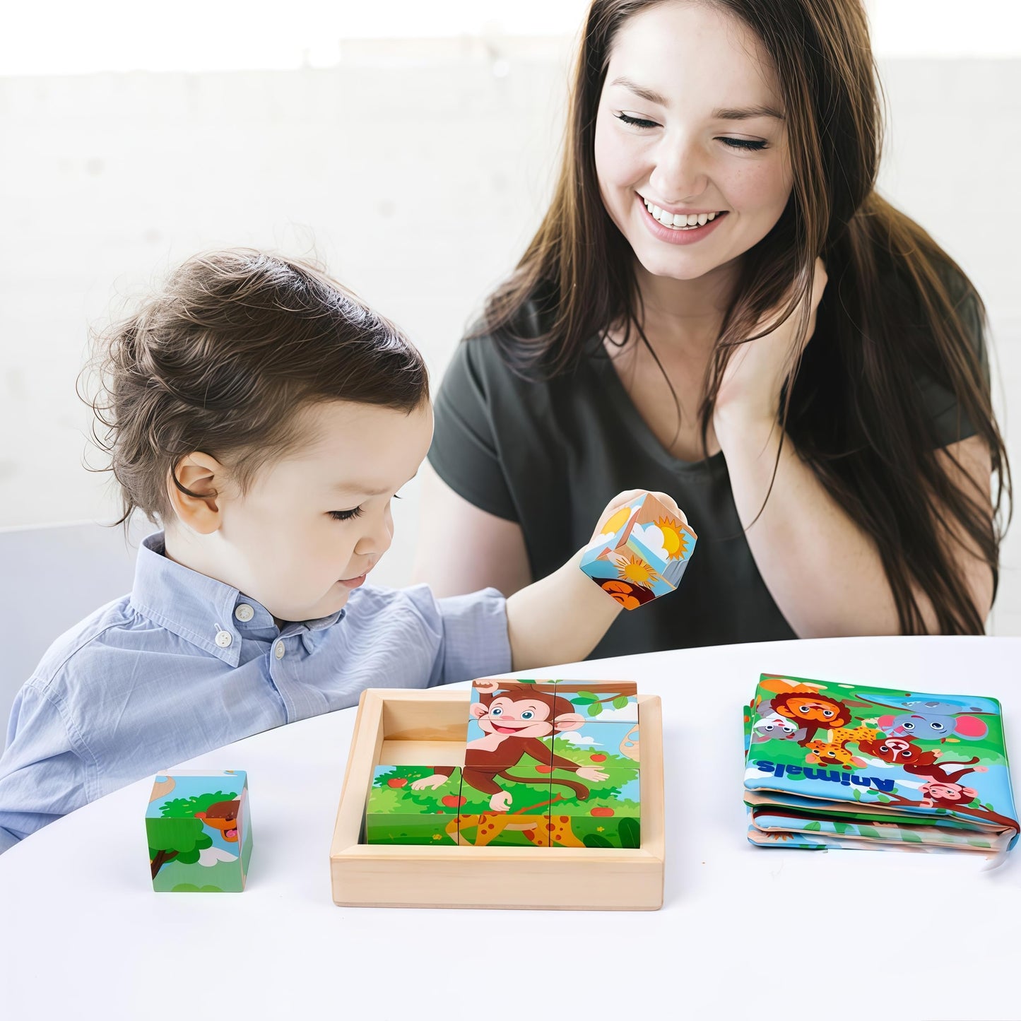 PLUSYARD Wooden Animals Block Puzzles for Kids, Ages 2-4, 6-in-1 Montessori Educational Toys with Book, Jigsaw Puzzles for Preschool Learning, Rubber