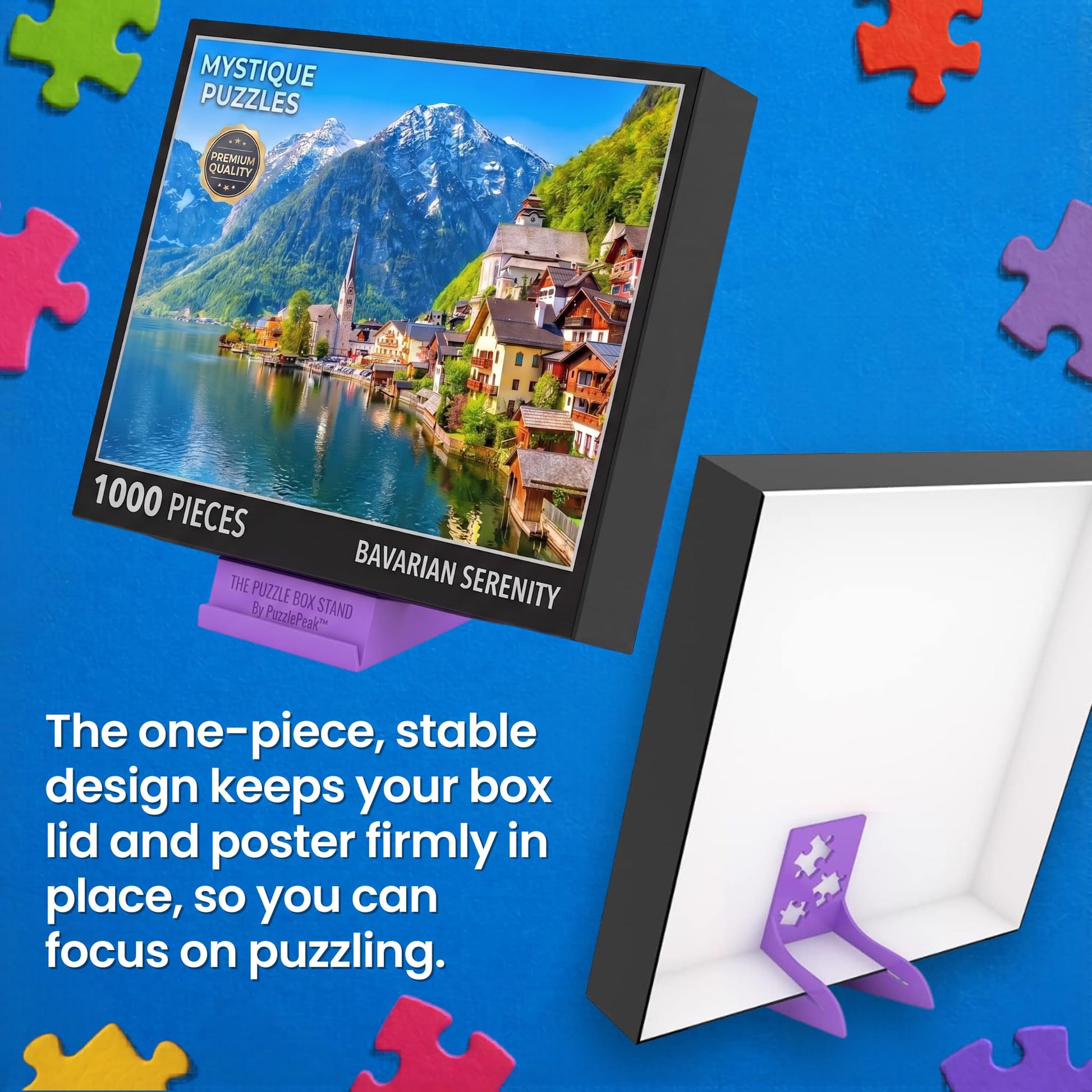 Puzzle Peak All-in-One Jigsaw Puzzle Box Stand and Puzzle Poster Holder Accessory for All Puzzlers - Purple