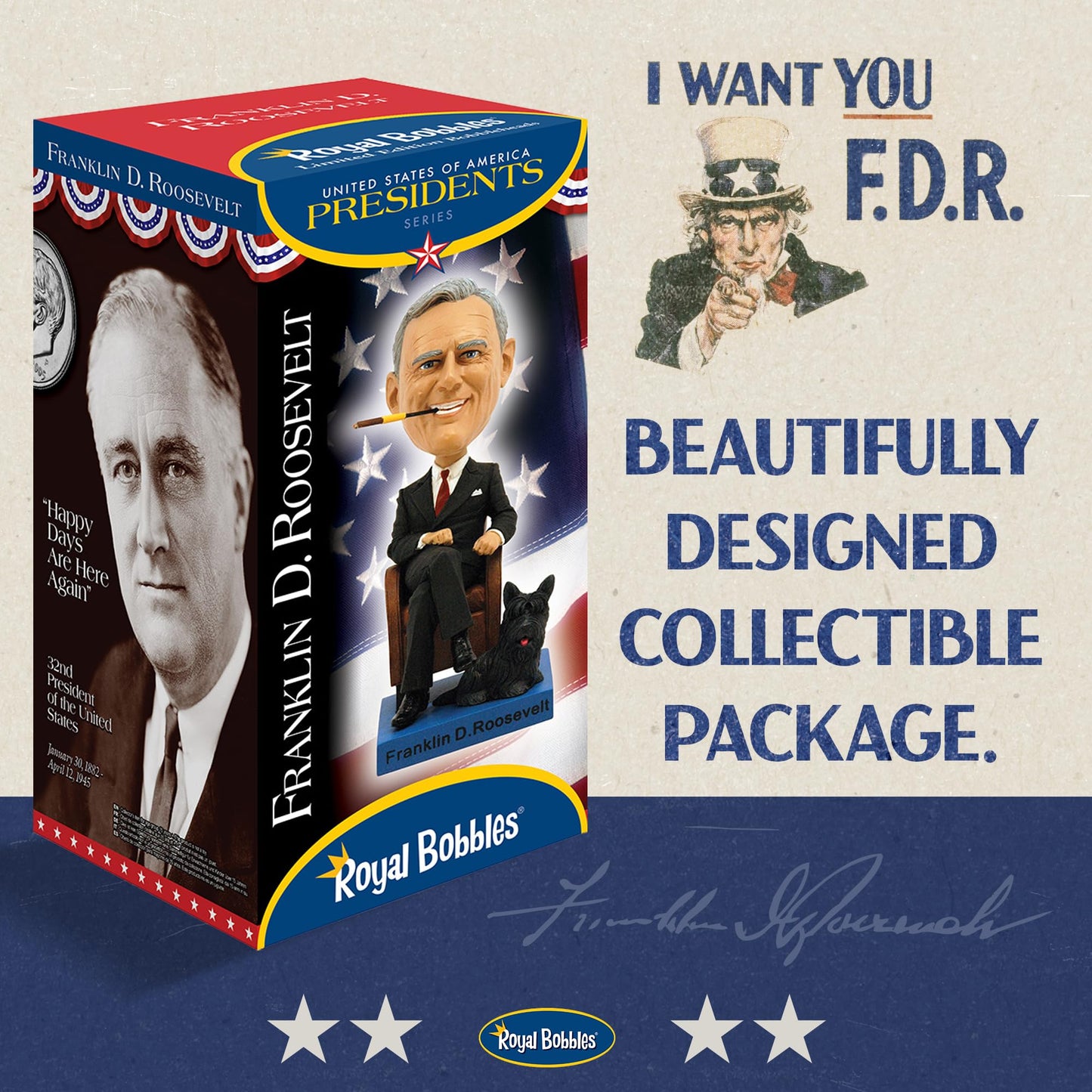 Royal Bobbles Franklin D. Roosevelt, 32nd President of the United States - American History Anniversary Collection - 7 Inches Tall - Collectible
