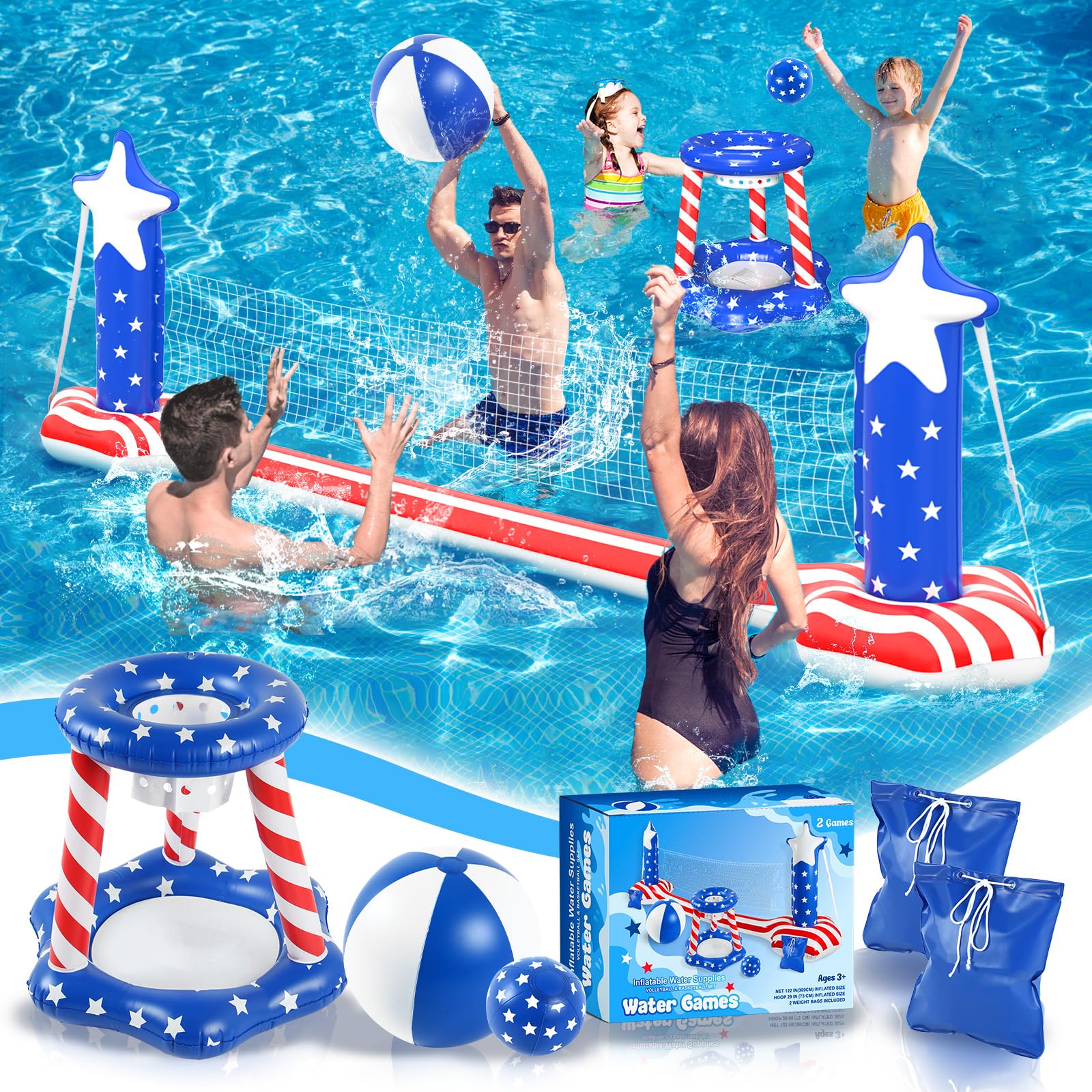 Aotiooy 4th of July Pool Toys Games Set, 2 in 1 Inflatable Volleyball Net & Basketball Hoop, Large Water Floating Volleyball Toy Summer Party for Kids