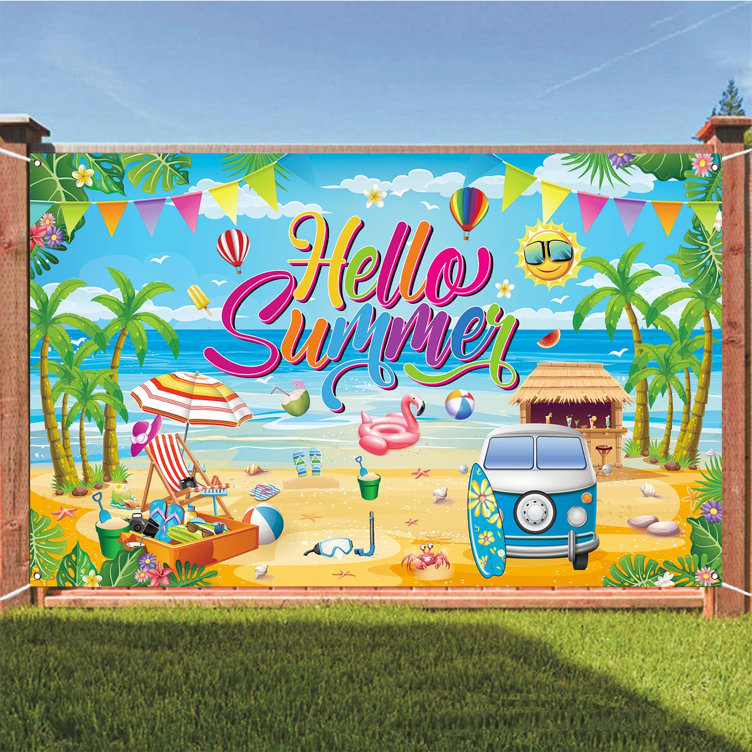 Summer Party Decorations, Hello Summer Beach Party Backdrop Banner for Hello Summer Decorations, 71 x 43 inch