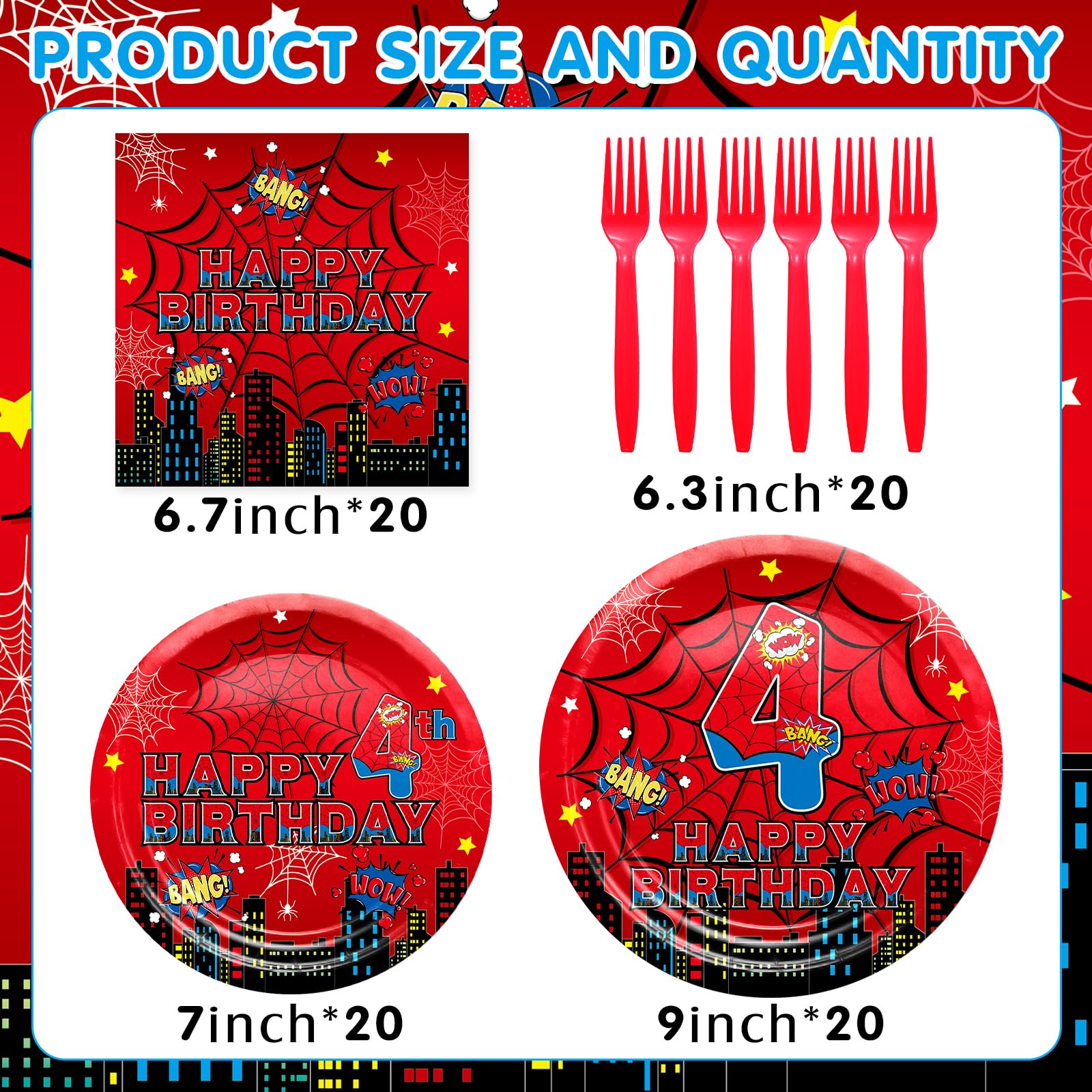 Red Spider 4th Birthday Party Supplies, Spider Web Birthday Plates Set Include Paper Plates, Napkins, Forks for Spider Themed Party Favors