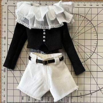 1/6 Scale Miniature Outfit Set, Black Long Sleeve Top with White Shorts