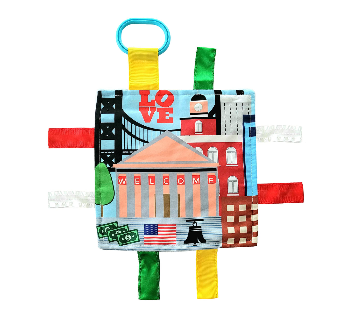 Baby Jack & Co 8x8” Learning Lovey Philadelphia Pennsylvania Tag Toys for Babies - Baby Crinkle Toys - Soft & Safe - Learn USA Cities and Shapes