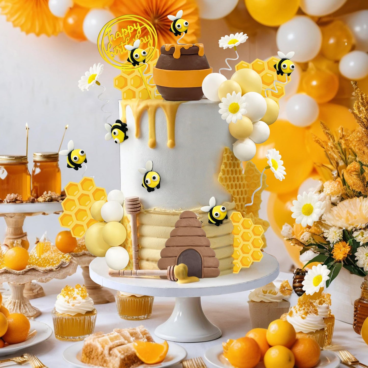 35 PCS Bee Cake Toppers Honey Jar Cake Topper Honeycomb Cake Decorations for Baby Shower Bee Theme Birthday Party Decoration Supplies